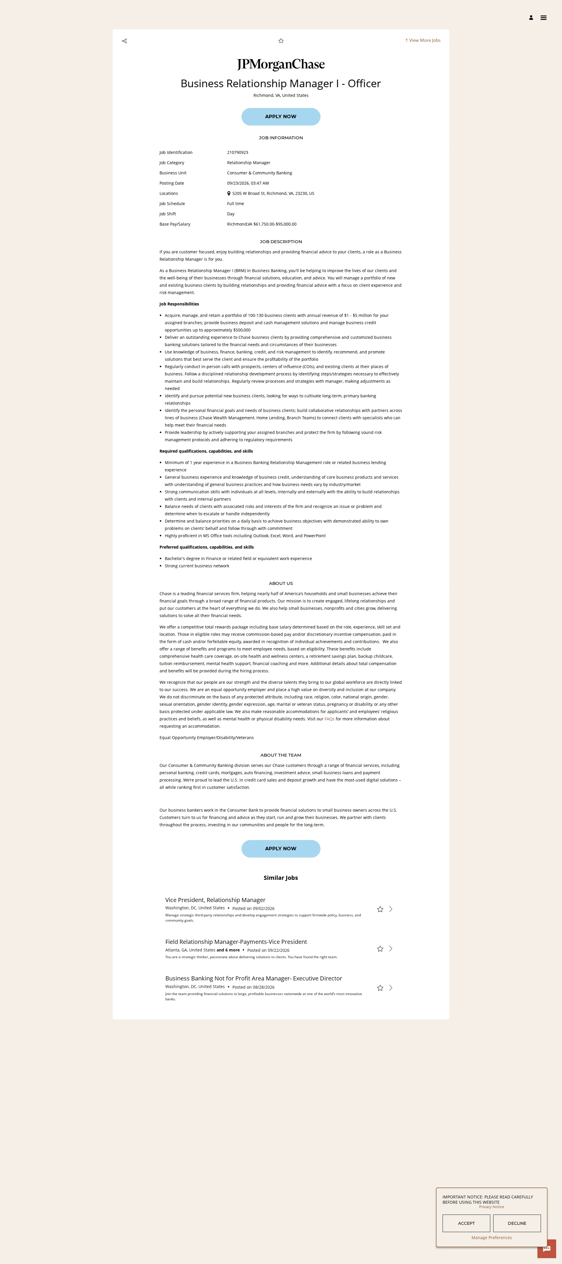 JPMorganChase Business Relationship Manager I - Officer 채용공고