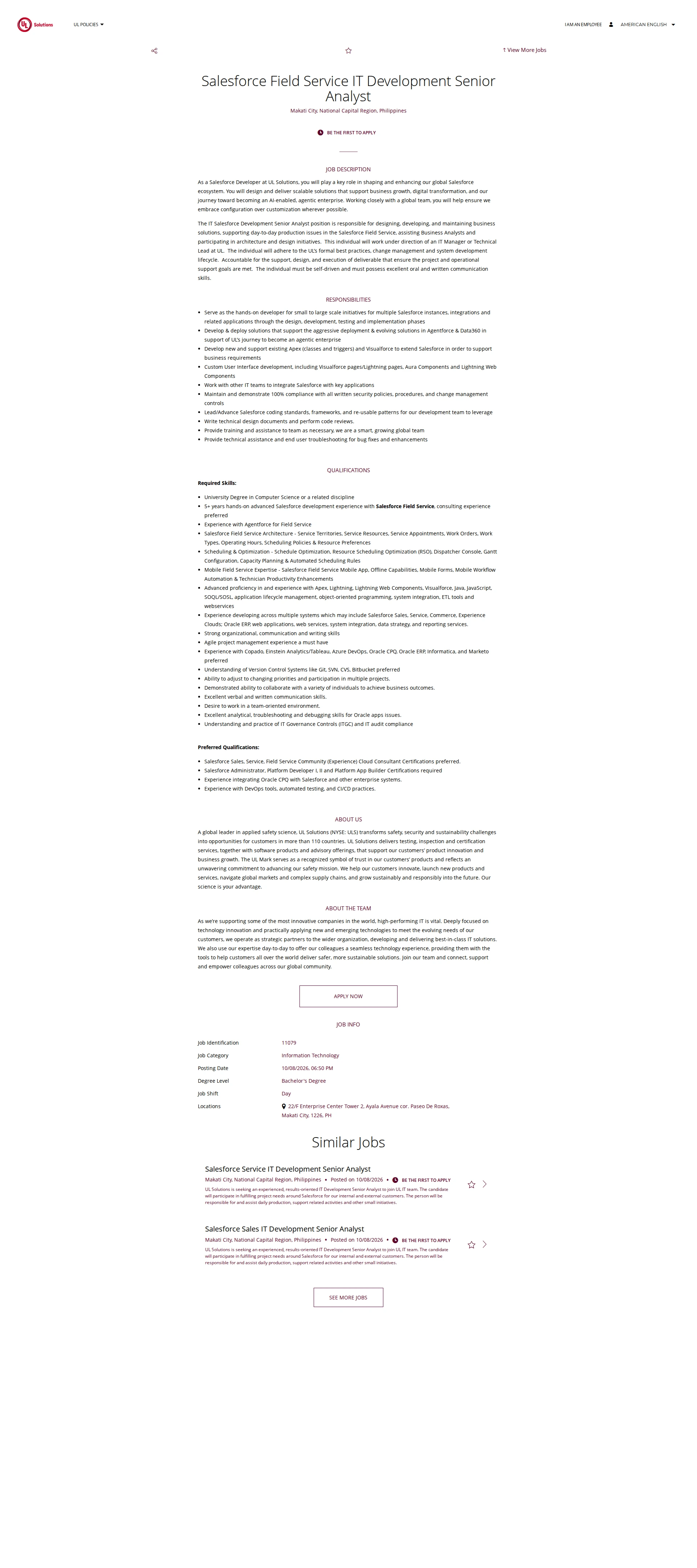 UL Solutions Salesforce Field Service IT Development Senior Analyst 채용공고