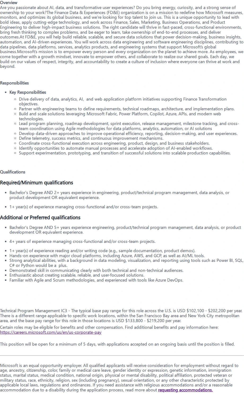 마이크로소프트(Microsoft) Technical Program Management IC3 채용공고