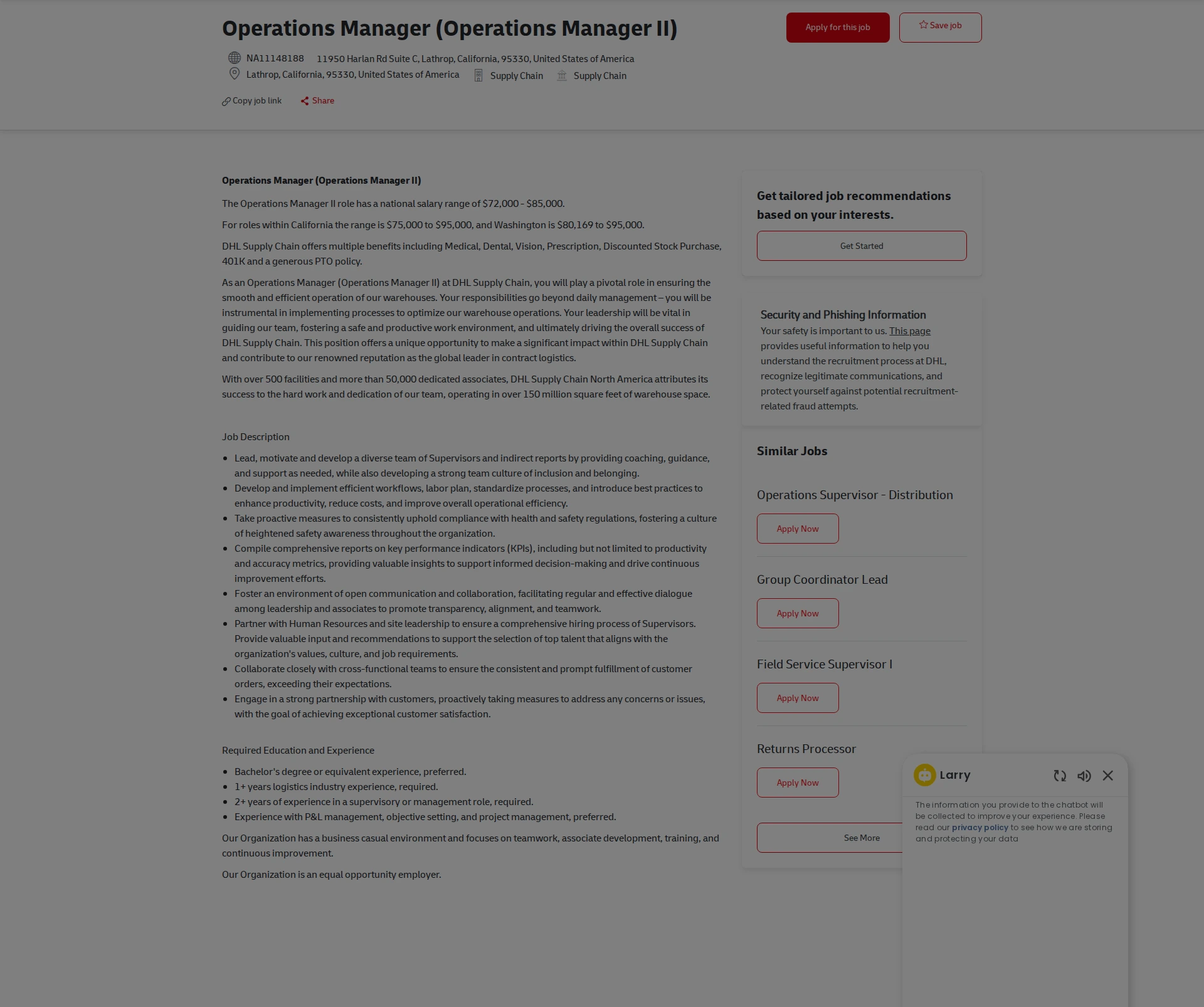 DHL Operations Manager (Operations Manager II) 채용공고