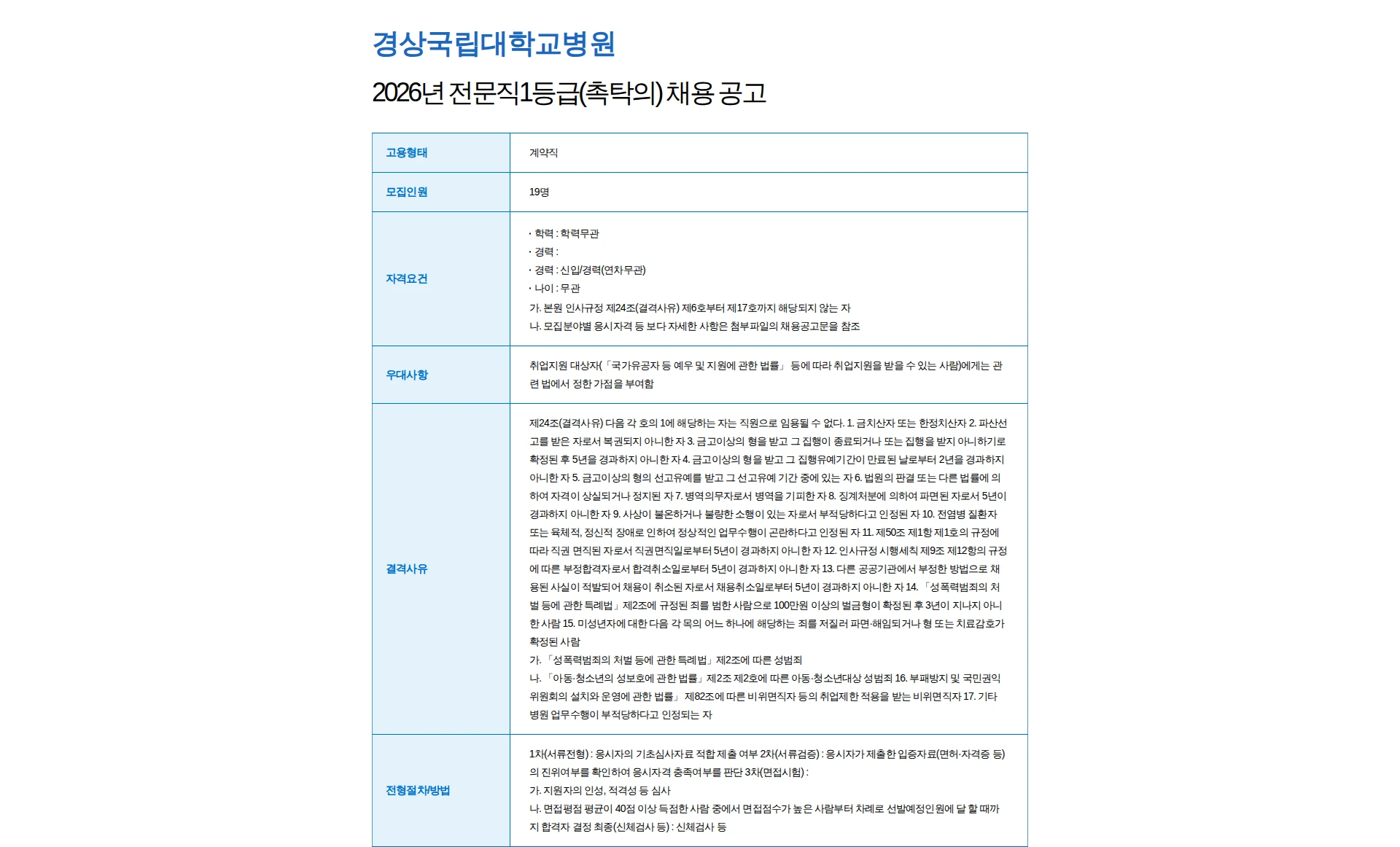 경상국립대학교병원 2026년 전문직1등급(촉탁의) 채용 공고 채용공고
