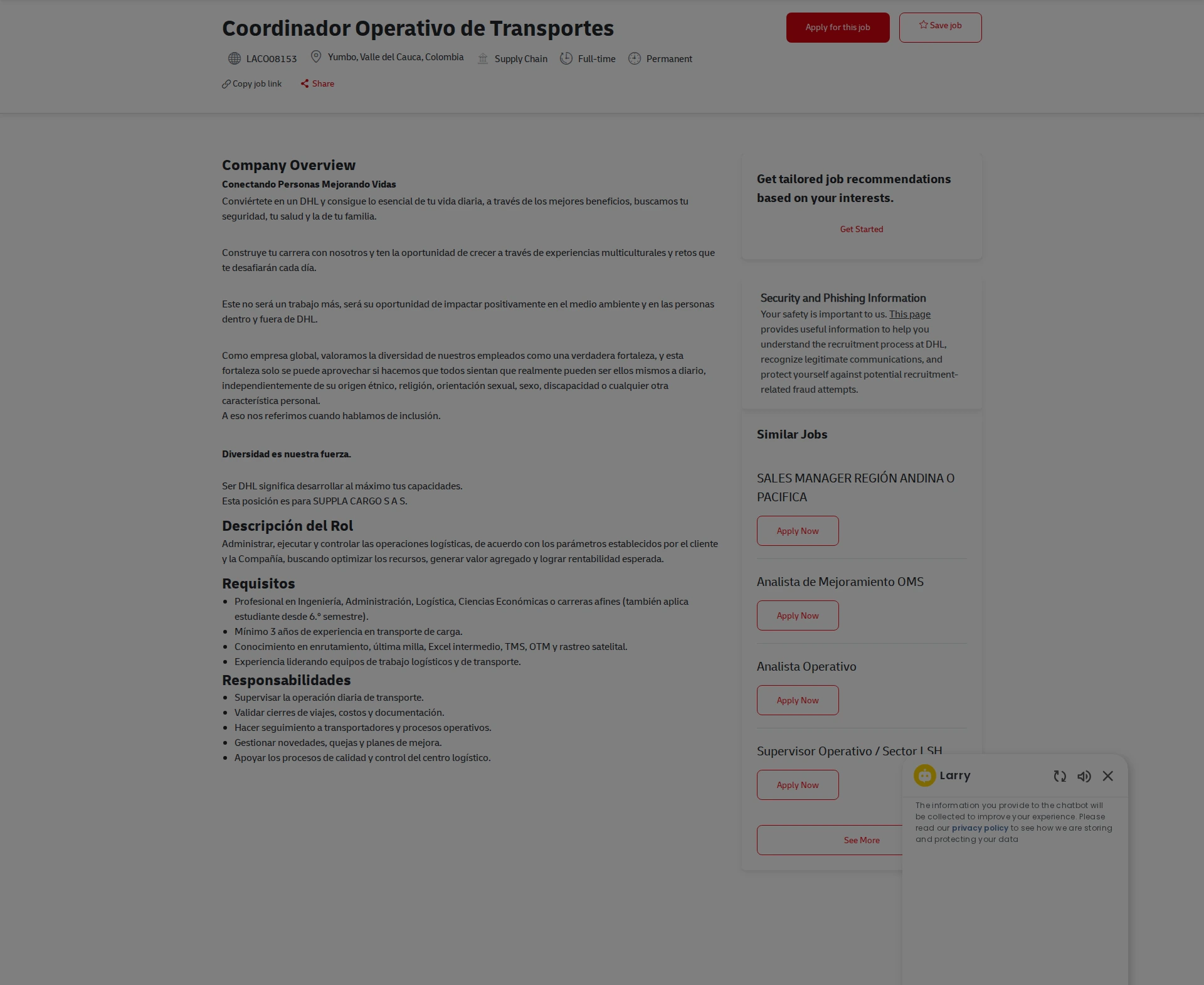 DHL Coordinador Operativo de Transportes 채용공고