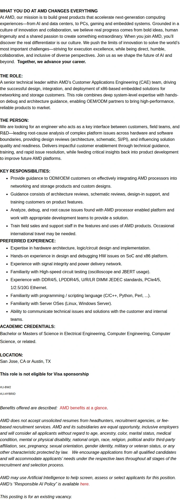 AMD Hardware Systems Design Engineer – x86 Embedded Solutions (San Jose/Austin) 채용공고