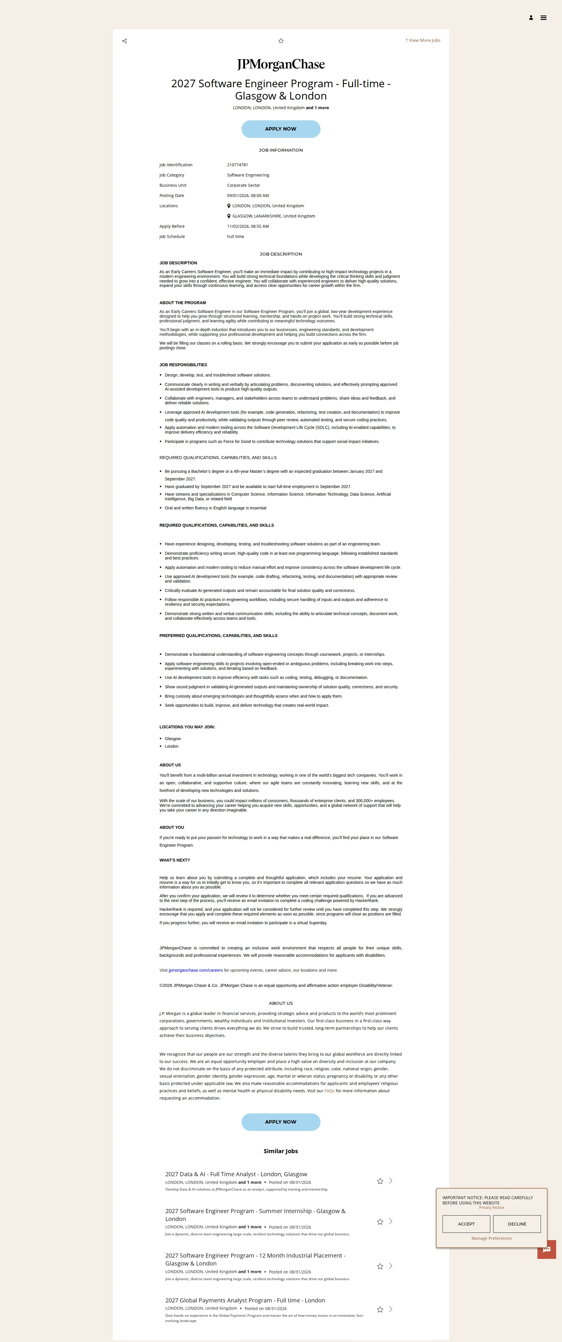 JPMorganChase 2027 Software Engineer Program - Full-time - Glasgow & London 채용공고