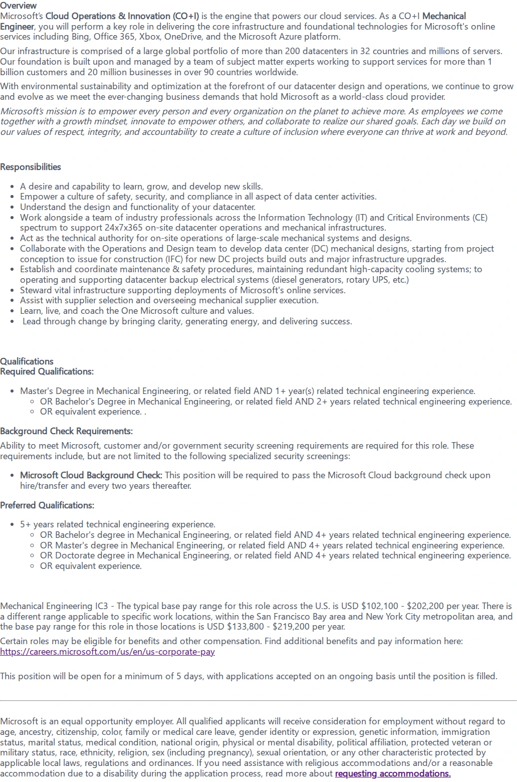 마이크로소프트(Microsoft) Mechanical Engineering IC3 채용공고