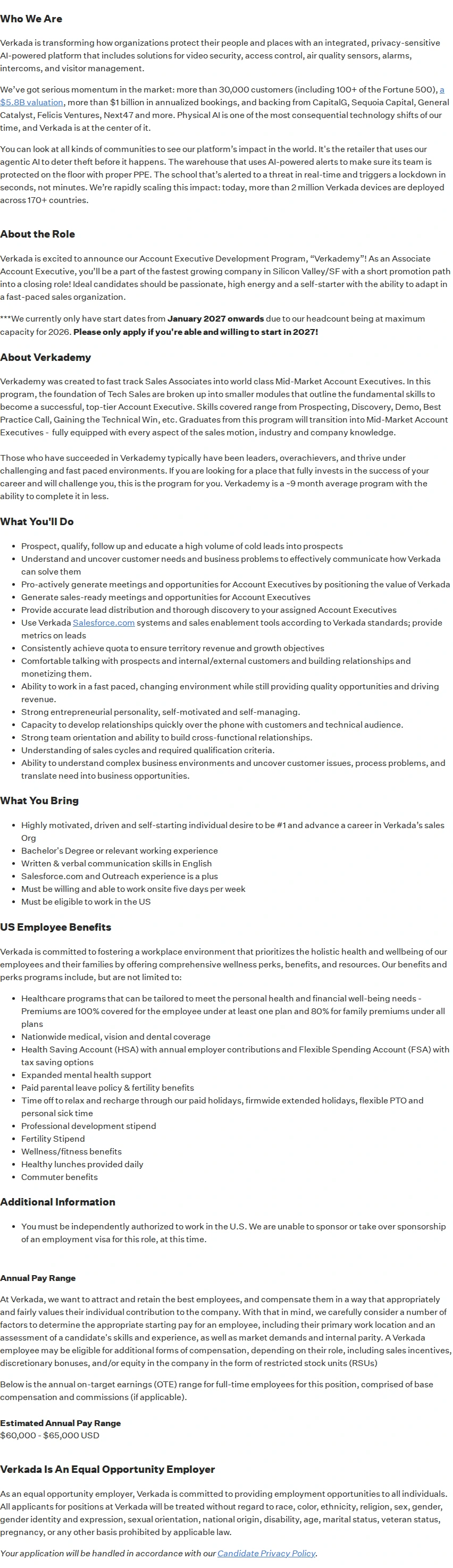 버카다 Sales Development Representative (AAE), New York City 채용공고