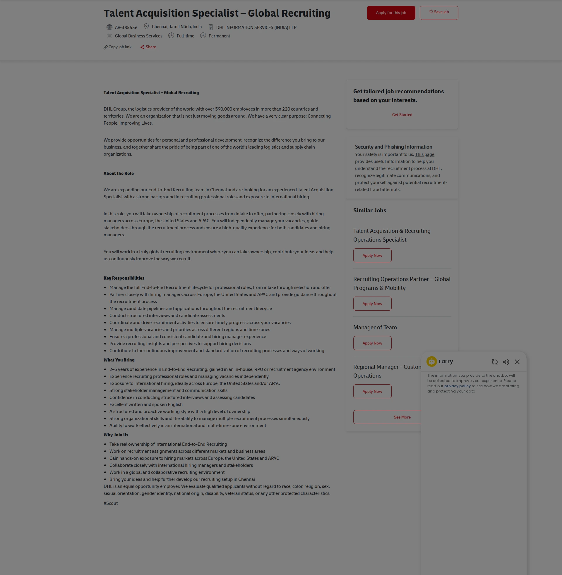 DHL Talent Acquisition Specialist – Global Recruiting 채용공고