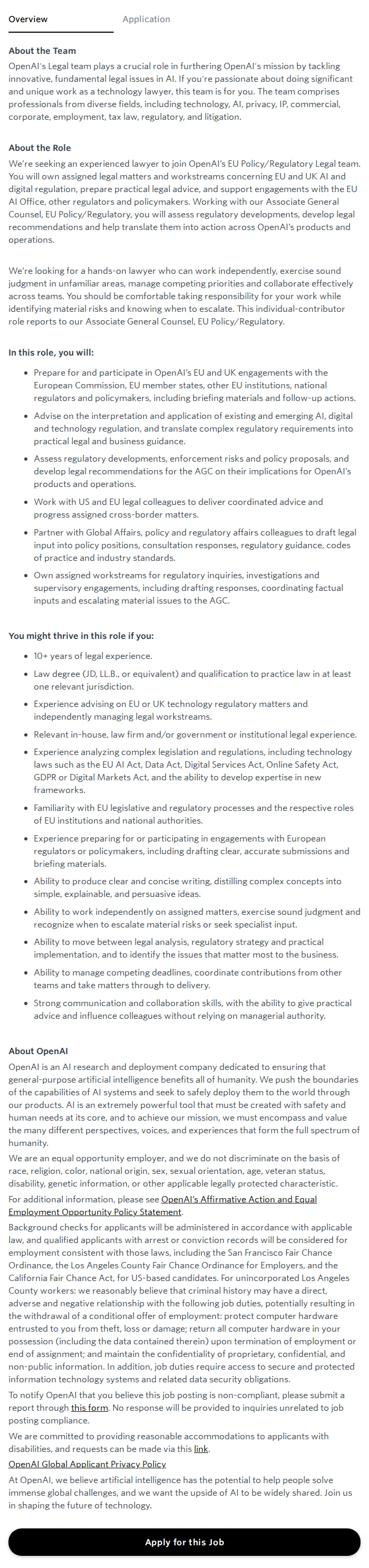 오픈에이아이(OpenAI) Senior Counsel, EU Policy/Regulatory 채용공고