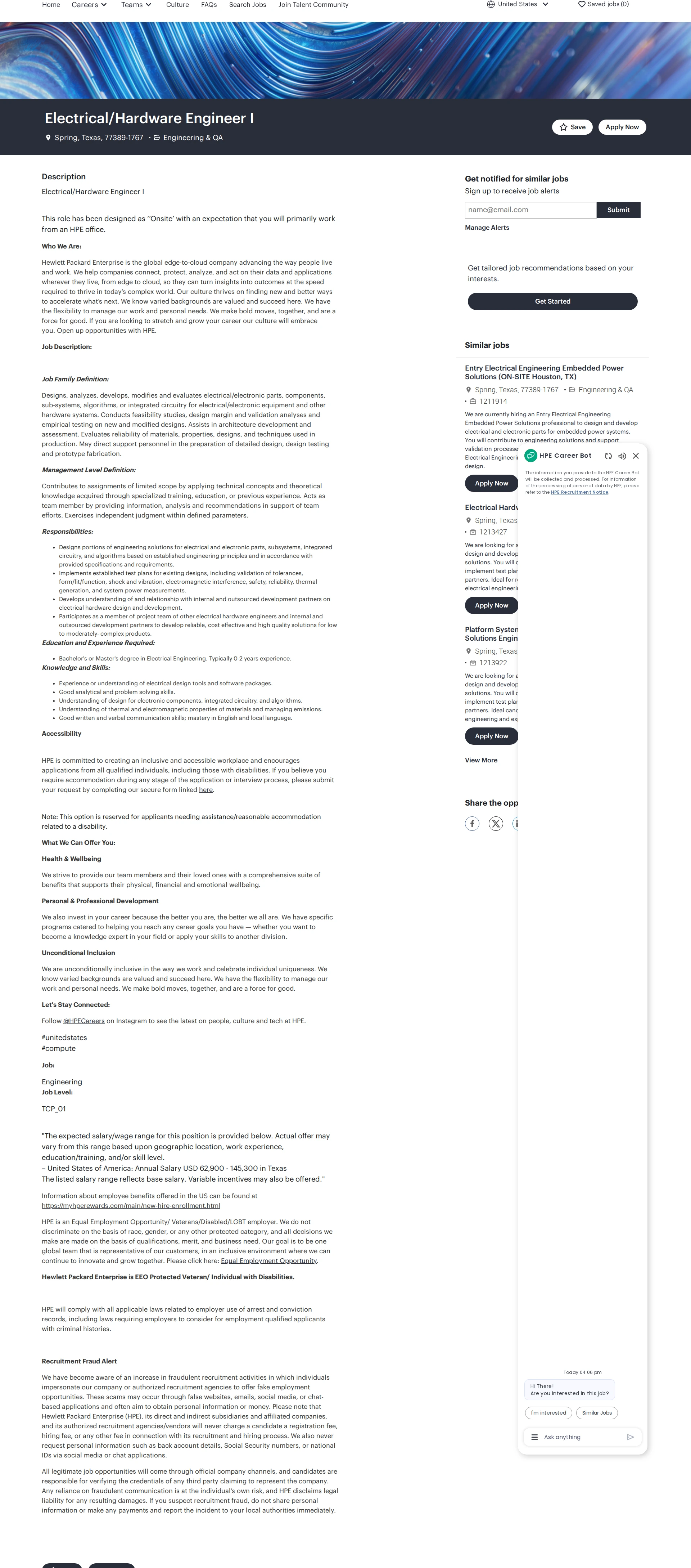 HP Electrical/Hardware Engineer I 채용공고