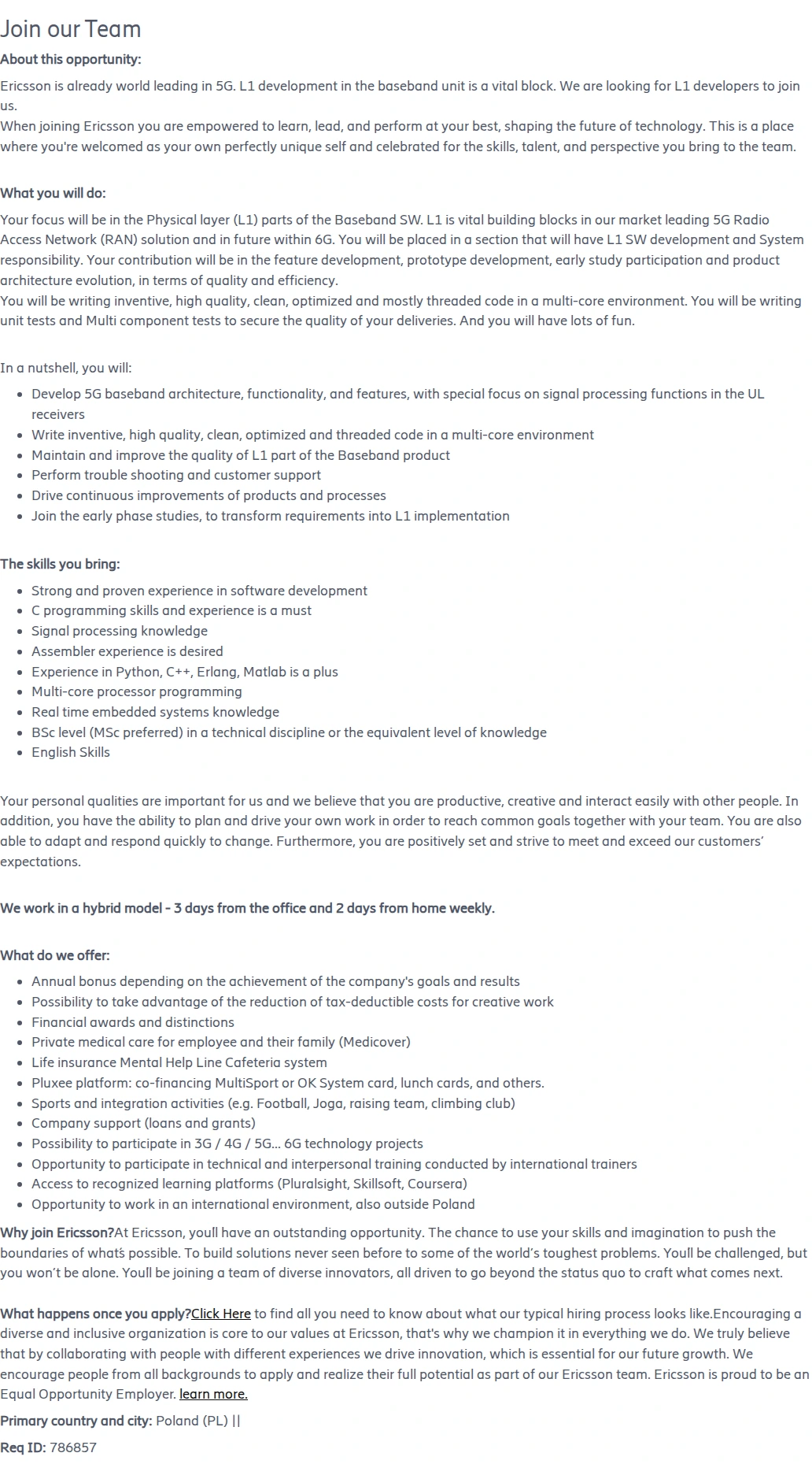 LG에릭슨 Senior C Embedded Software Designer - 5G Physical layer 채용공고
