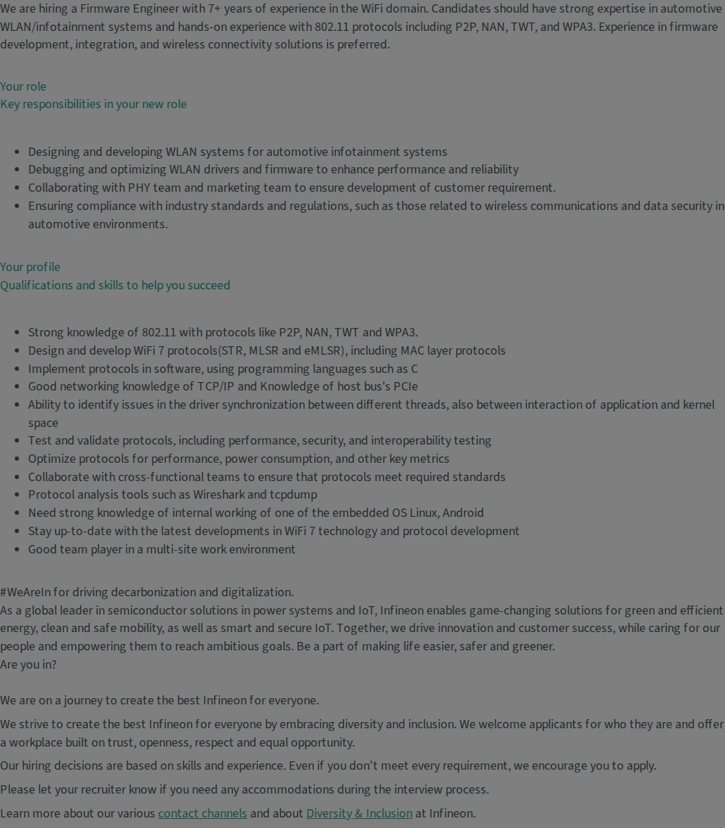 인피니언 Senior Staff Engineer - Embedded Software Firmware 채용공고