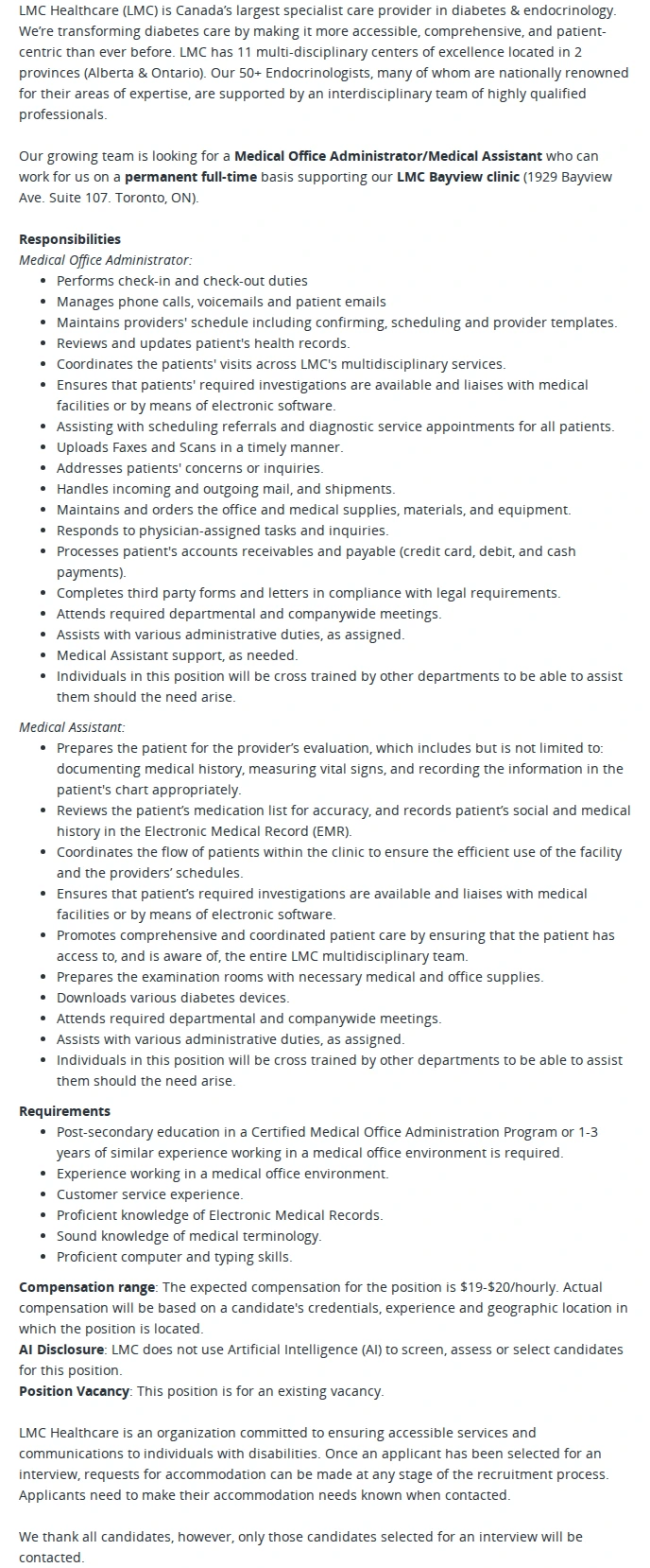 LMC Healthcare Medical Office Administrator/Medical Assistant 채용공고
