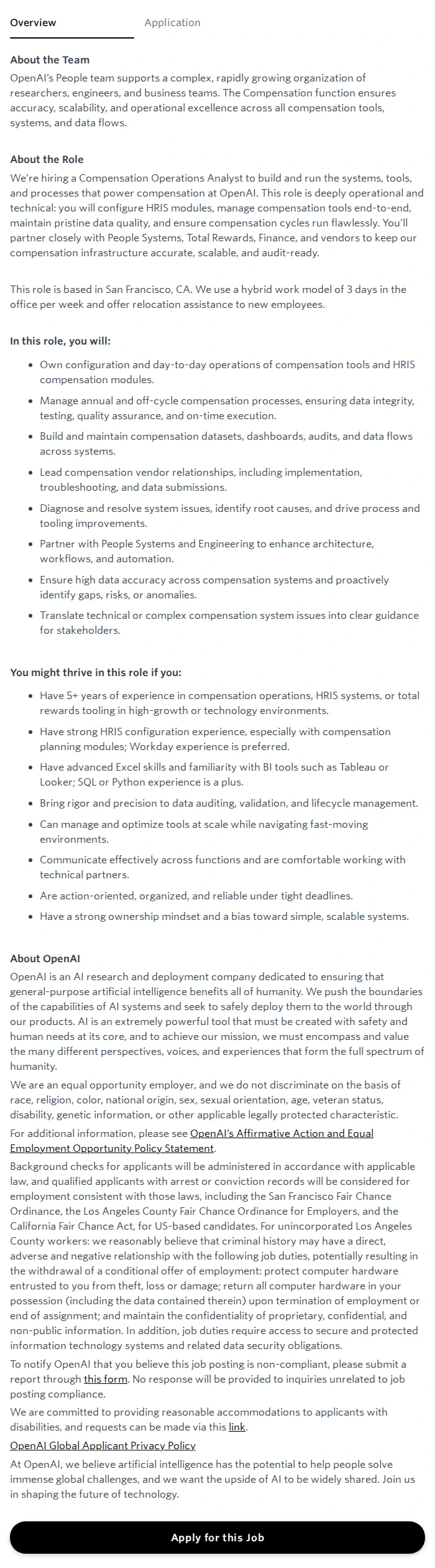 오픈에이아이(OpenAI) Compensation Operations Analyst 채용공고