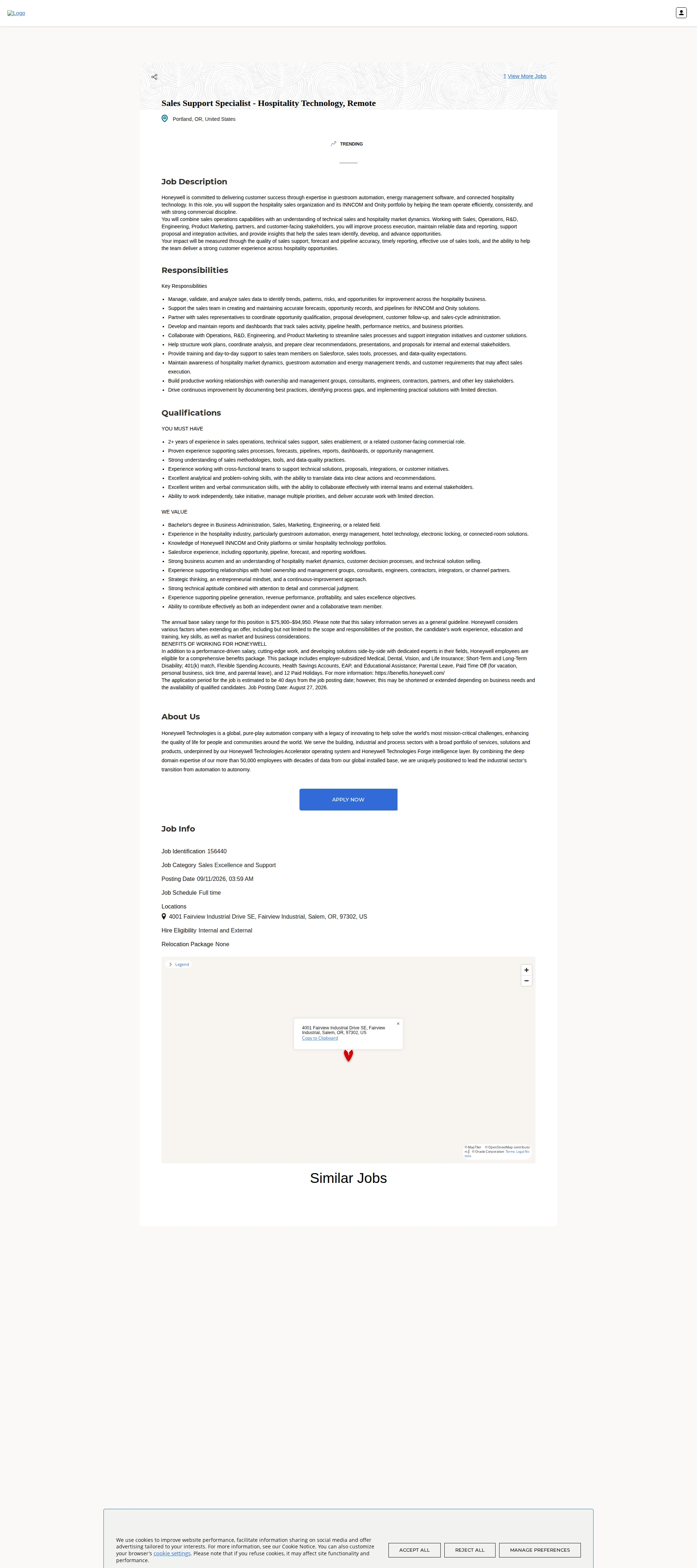 허니웰 Sales Support Specialist - Hospitality Technology, Remote 채용공고
