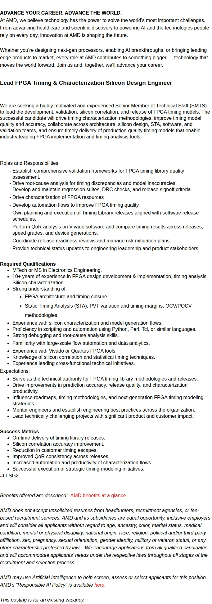 AMD Lead FPGA Timing & Characterization Silicon Design Engineer 채용공고