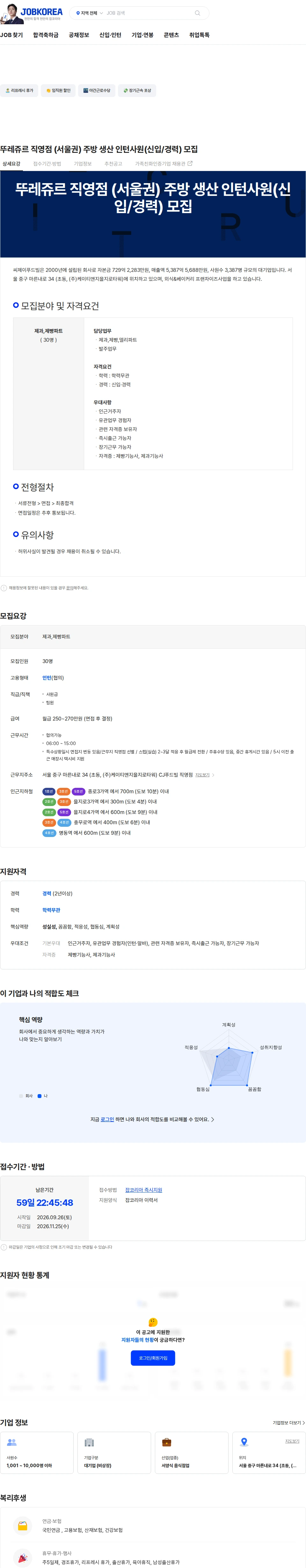 씨제이푸드빌 뚜레쥬르 직영점 (서울권) 주방 생산 인턴사원(신입/경력) 모집 채용공고