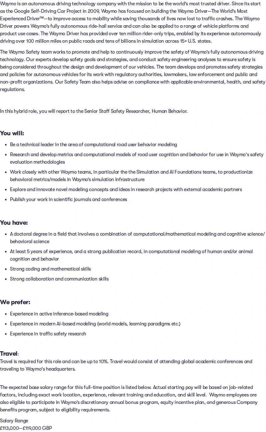 웨이모 Senior Safety Researcher, Computational Behavior Modeling 채용공고