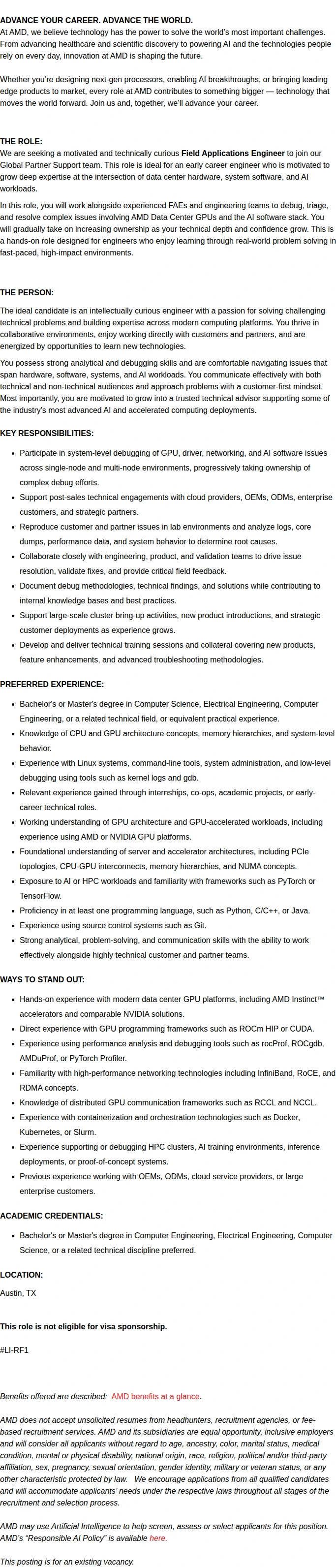 AMD Sr. Field Applications Engineer, Datacenter & AI Systems Debug and Deployment Support 채용공고