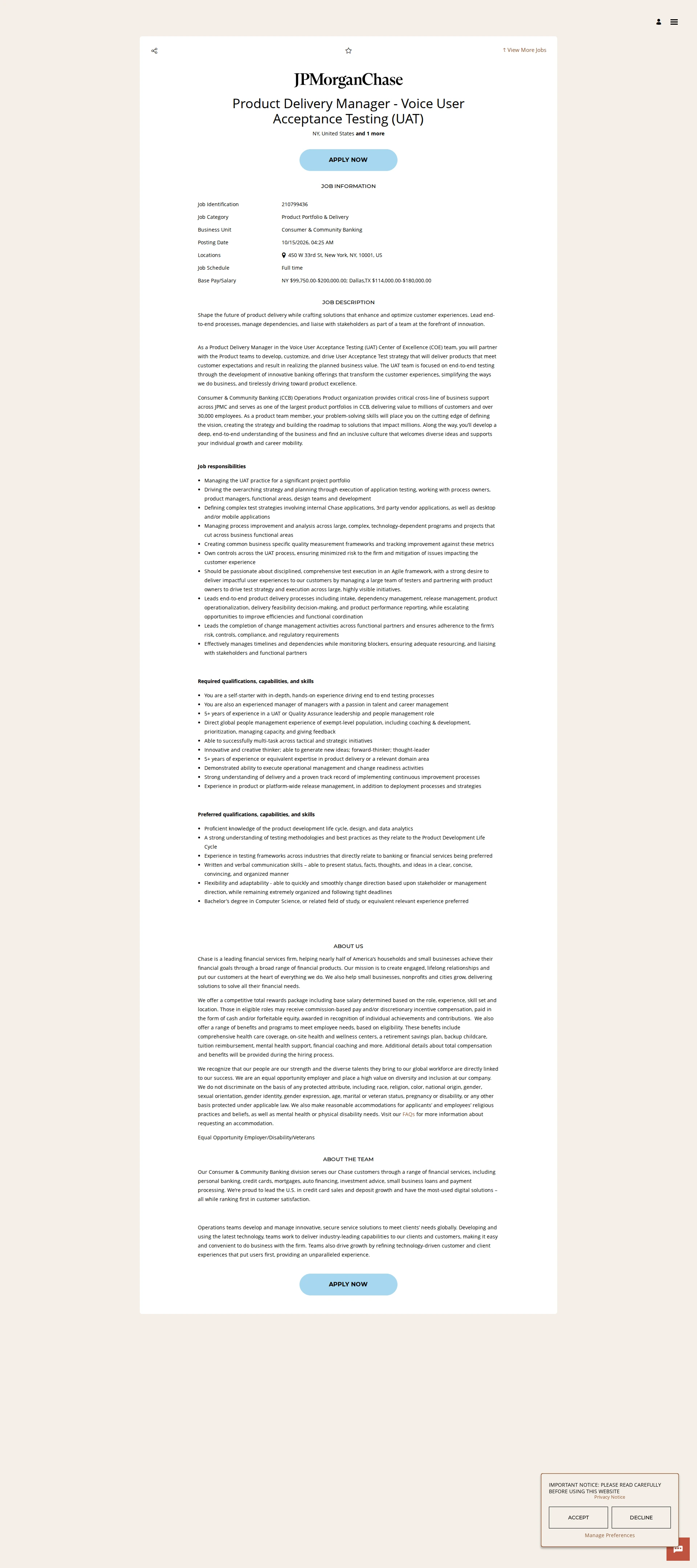 JPMorganChase Product Delivery Manager - Voice User Acceptance Testing (UAT) 채용공고
