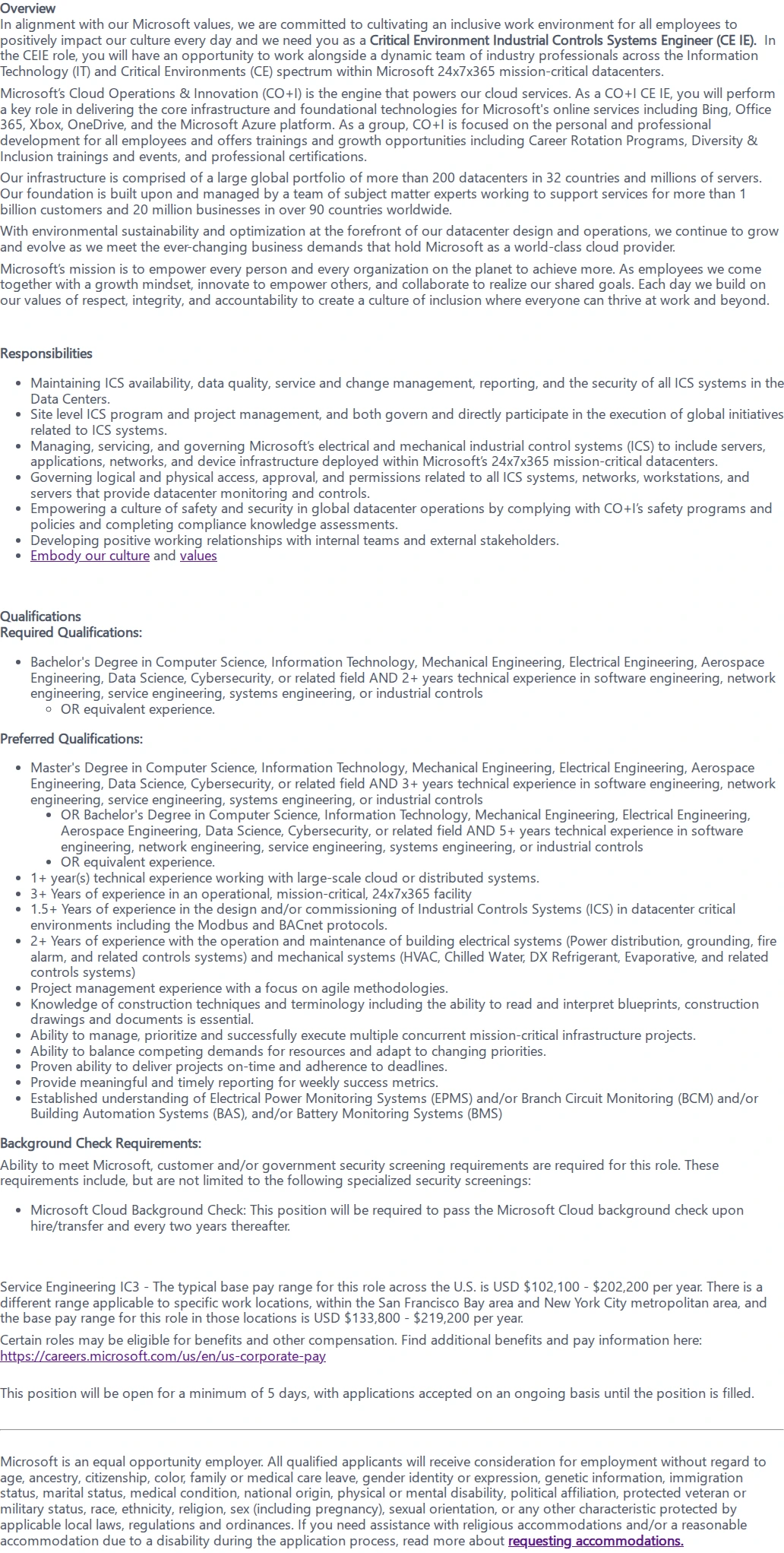 마이크로소프트(Microsoft) Critical Environment Industrial Control Systems Engineer 채용공고