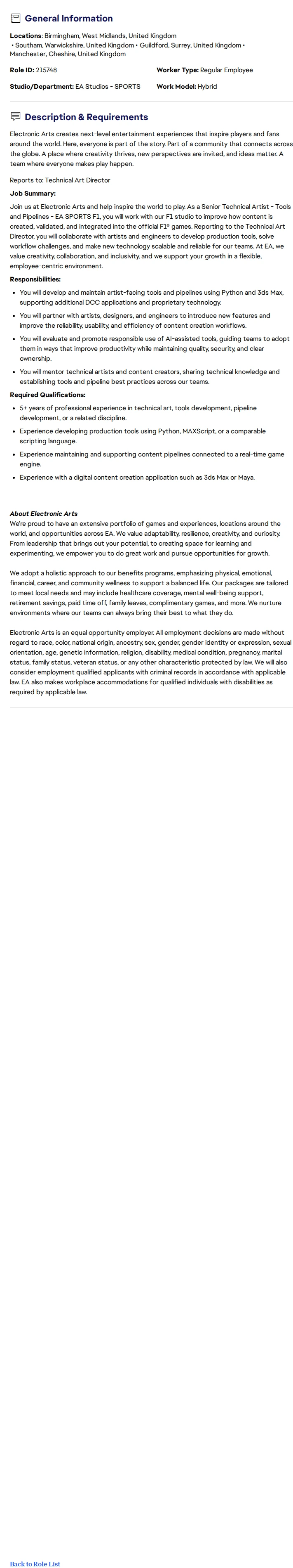 ElectronicArts Senior Technical Artist – Tools and Pipelines – EA SPORTS F1 채용공고