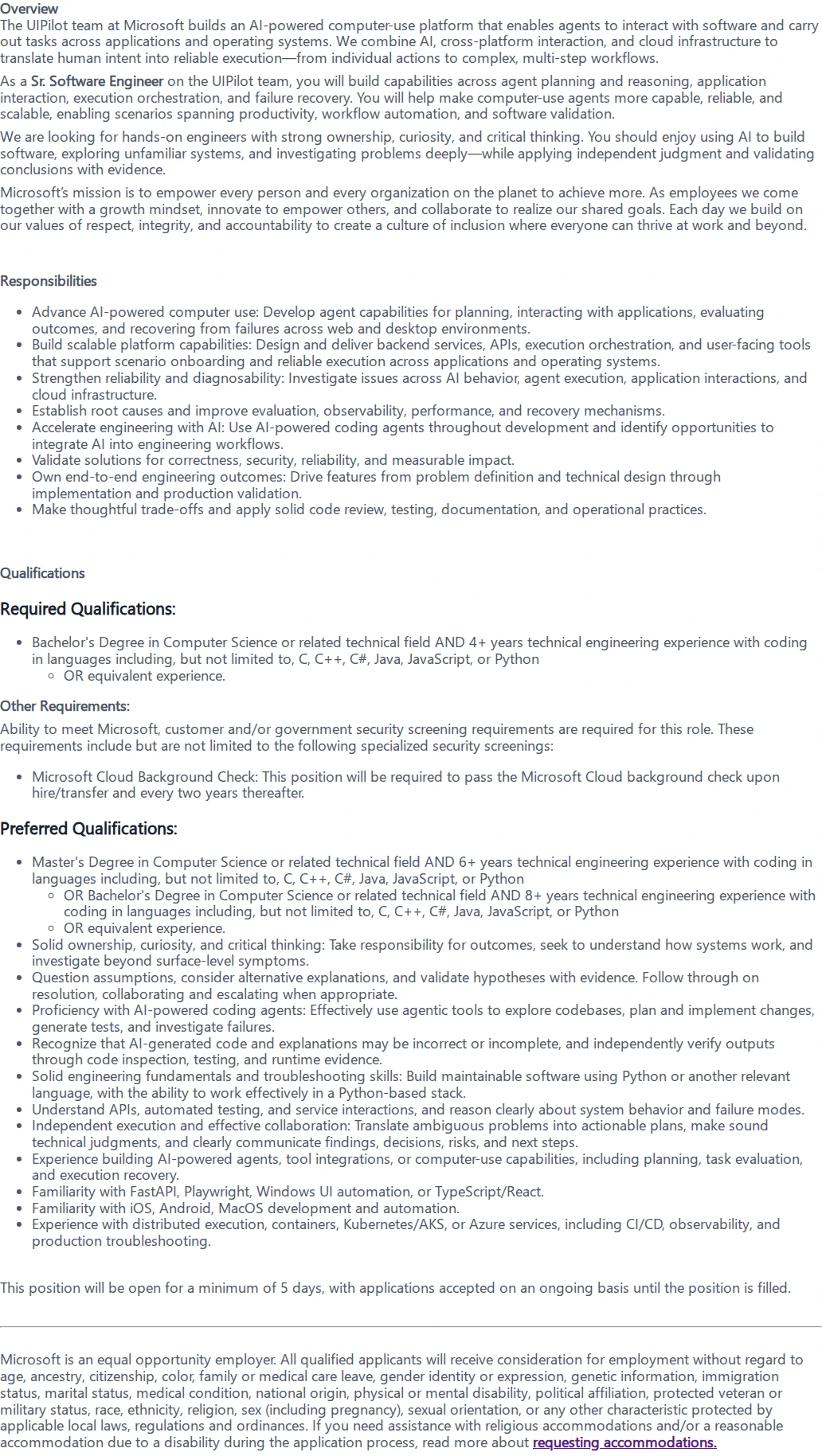 마이크로소프트(Microsoft) Sr. Software Engineer--M365 UIPilot team 채용공고