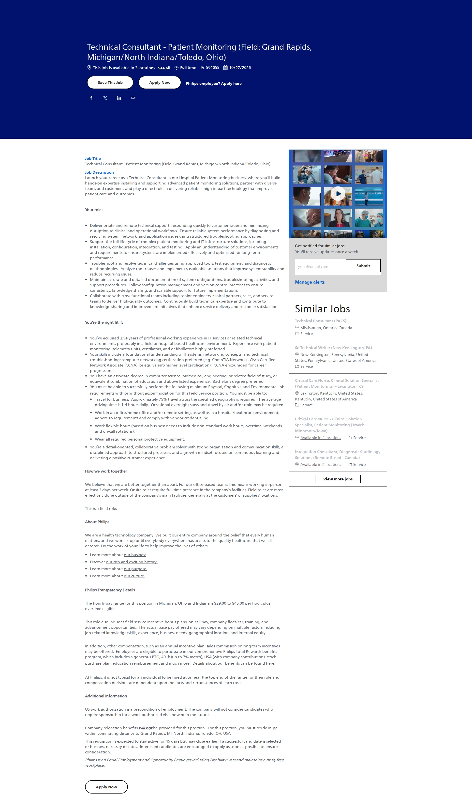 필립스 Technical Consultant - Patient Monitoring (Field: Grand Rapids, Michigan/North Indiana/Toledo, Ohio) 채용공고