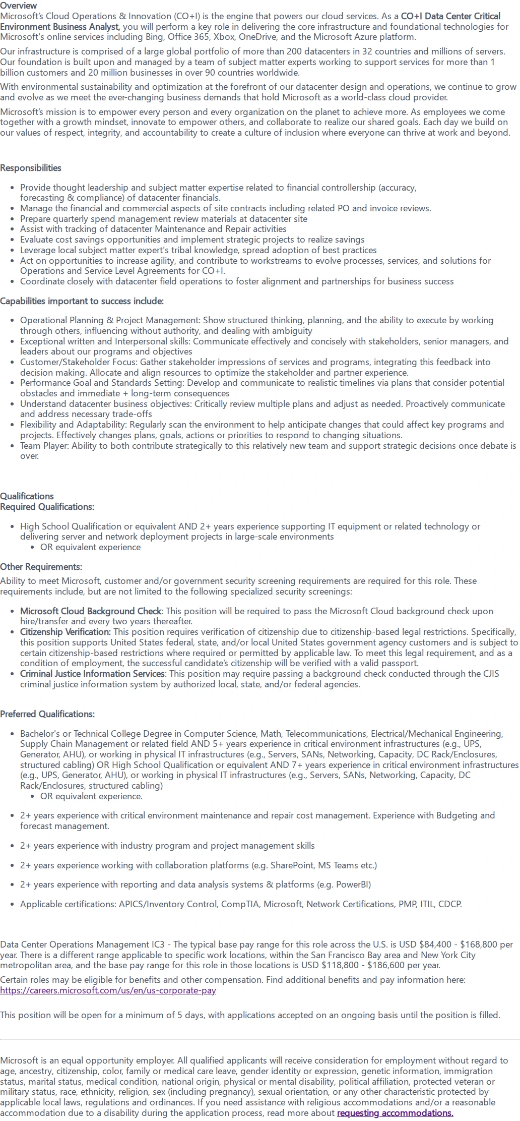 마이크로소프트(Microsoft) Data Center Critical Environment Business Analyst 채용공고