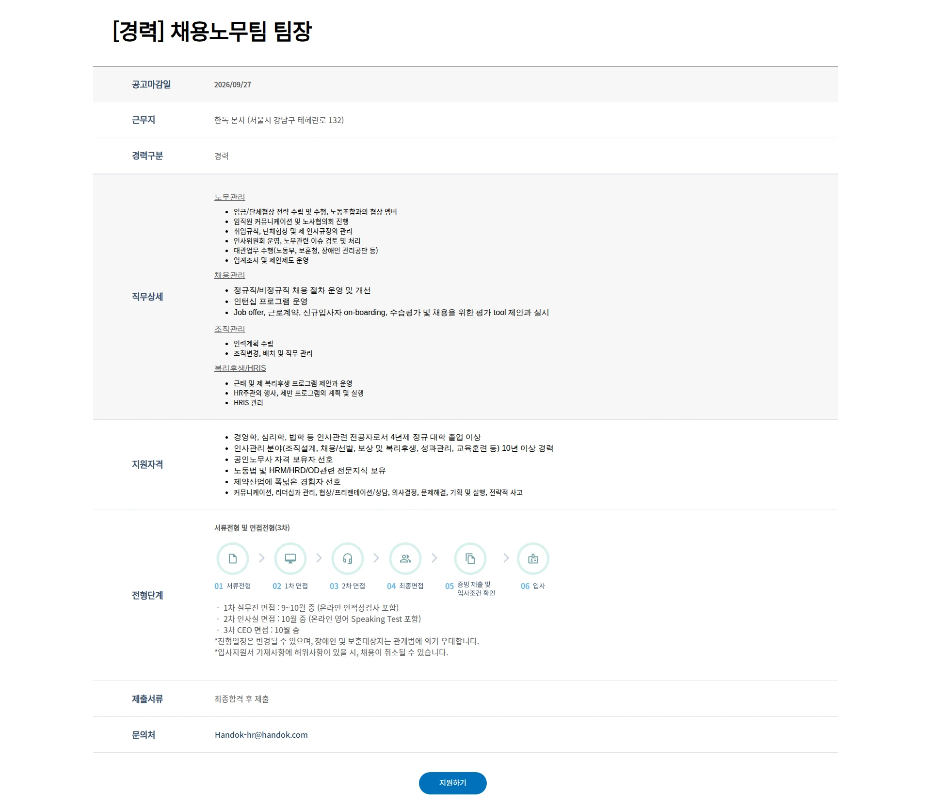 한독 [경력] 채용노무팀 팀장 채용공고