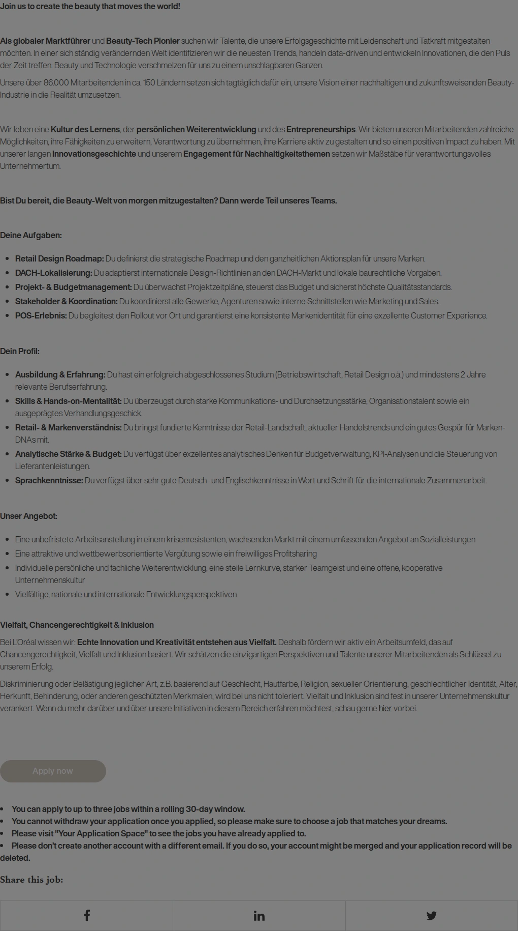 로레알(L'Oreal) Retail Design Project Manager (m/w/d) 채용공고
