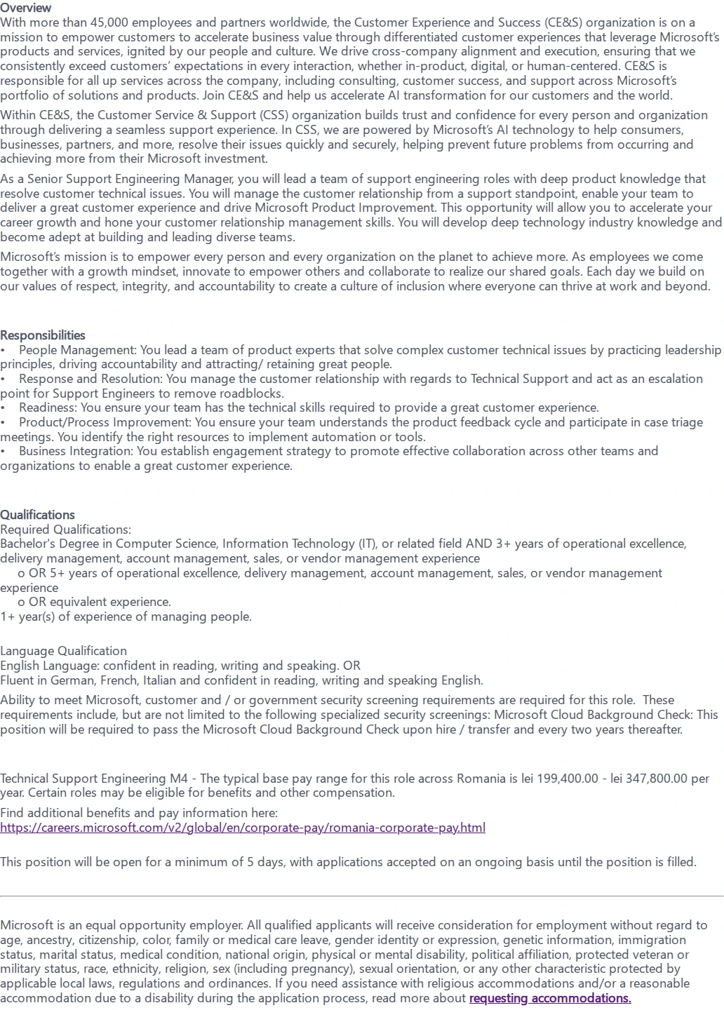 마이크로소프트(Microsoft) Technical Support Engineer Manager 채용공고