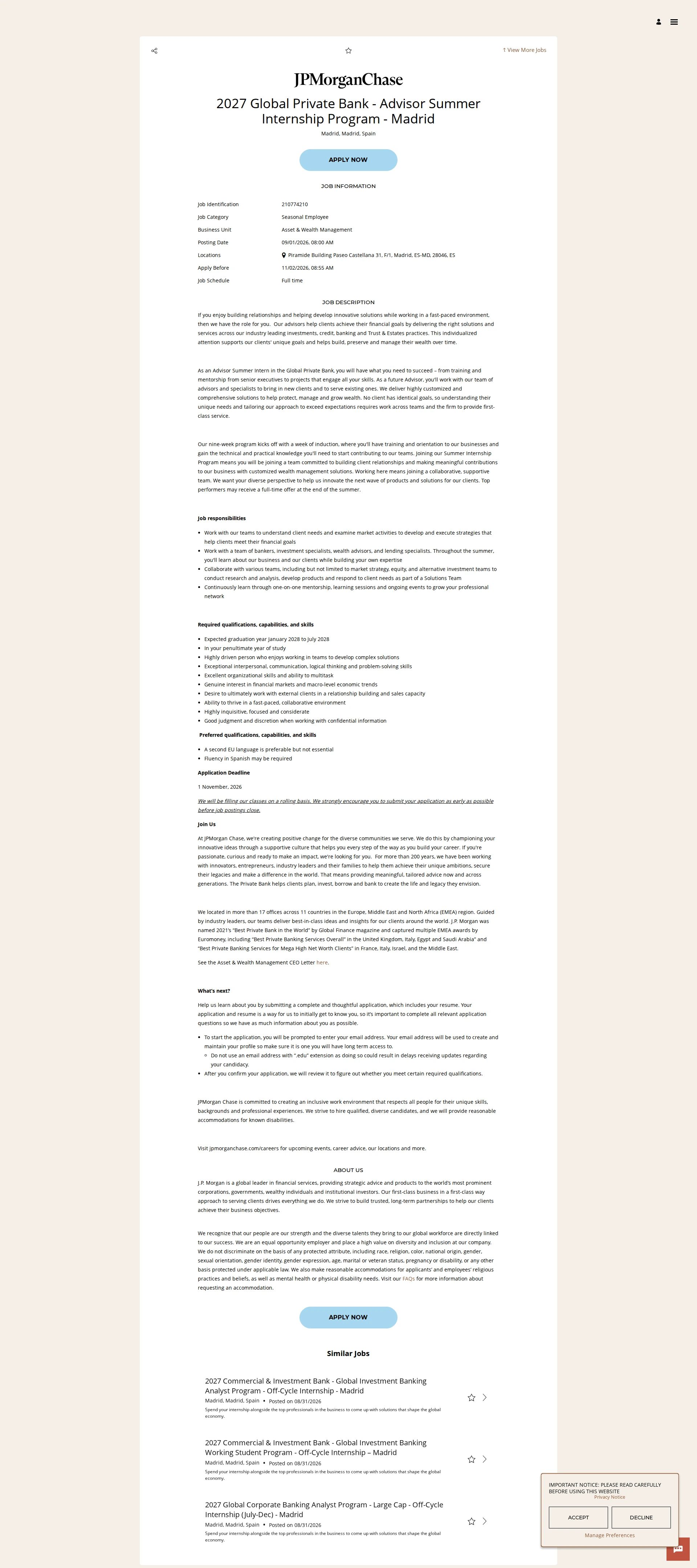 JPMorganChase 2027 Global Private Bank - Advisor Summer Internship Program - Madrid 채용공고