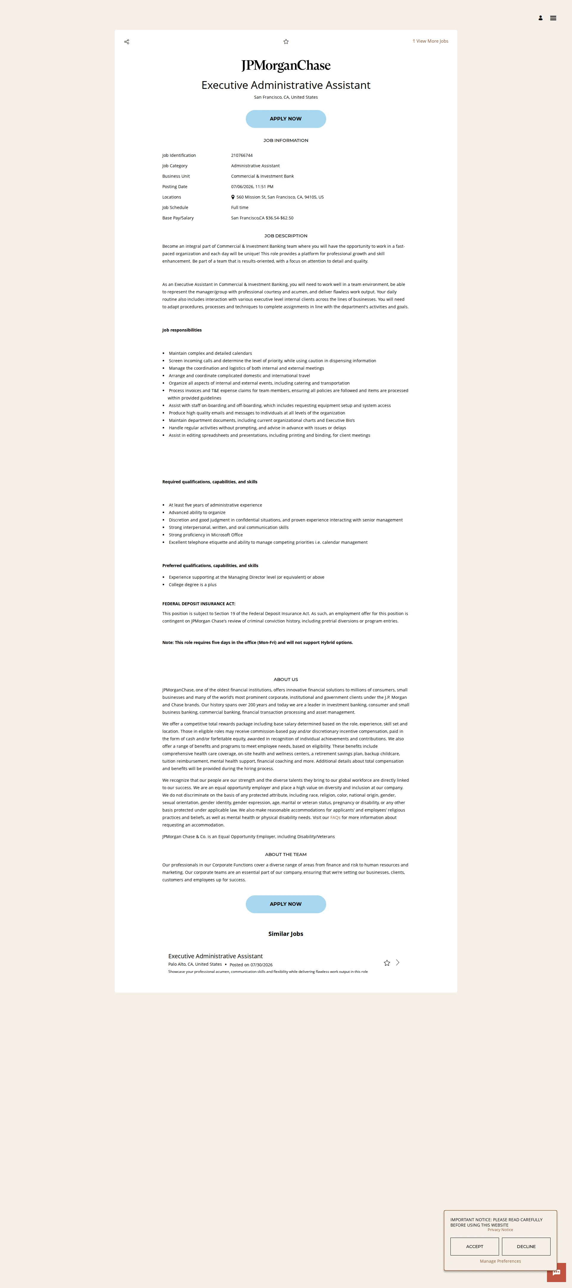 JPMorganChase Executive Administrative Assistant 채용공고