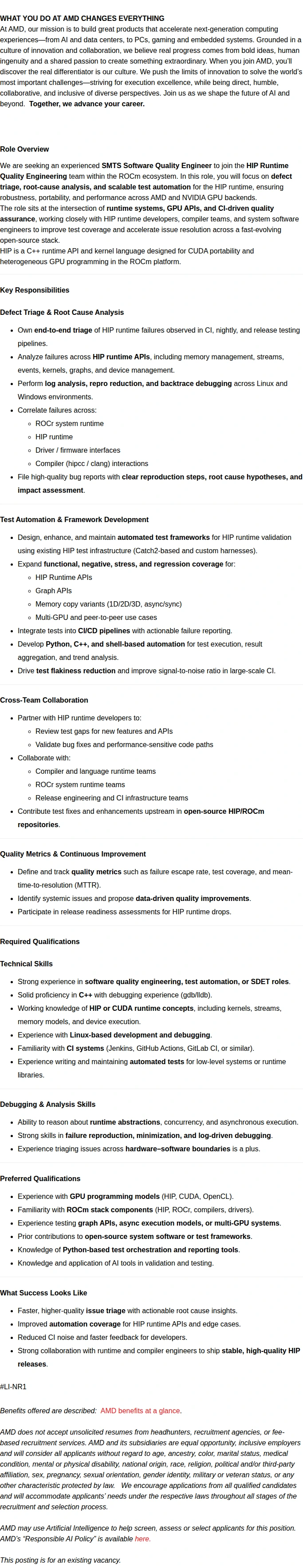 AMD Lead/Staff AI/ML Validation Engineer 채용공고