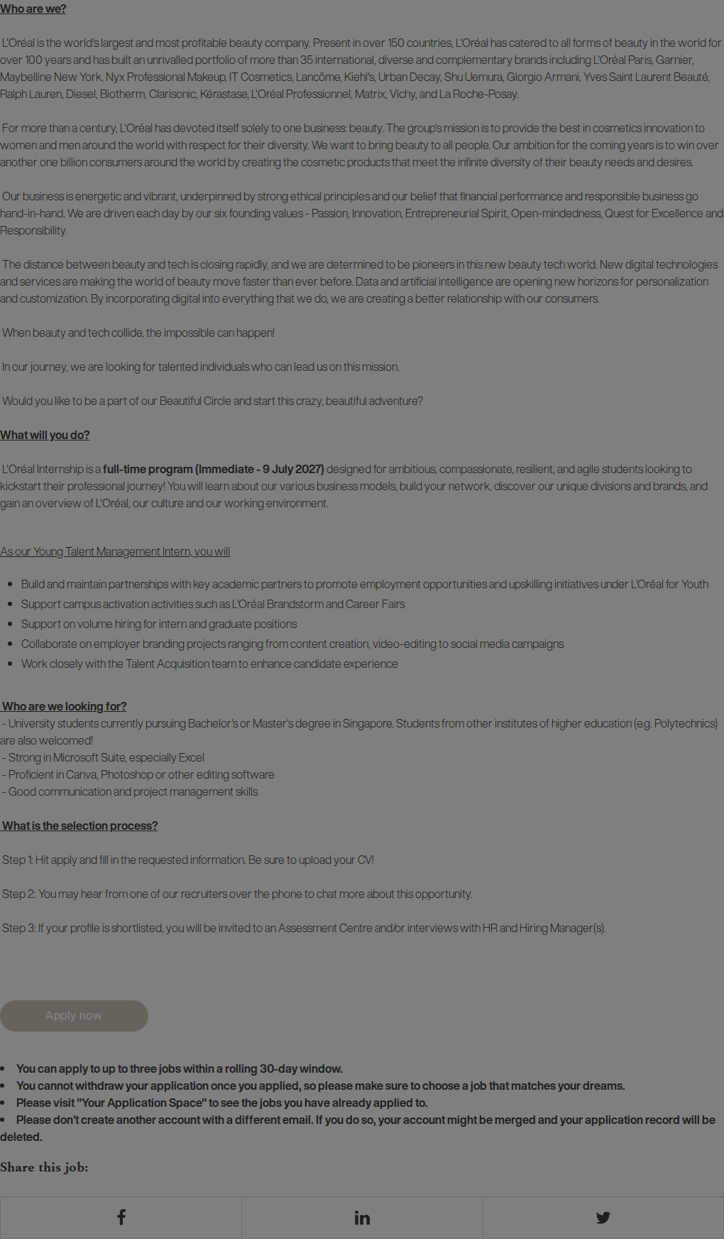 로레알(L'Oreal) [SG] Young Talent Management Intern (Immediate - July 2027) 채용공고