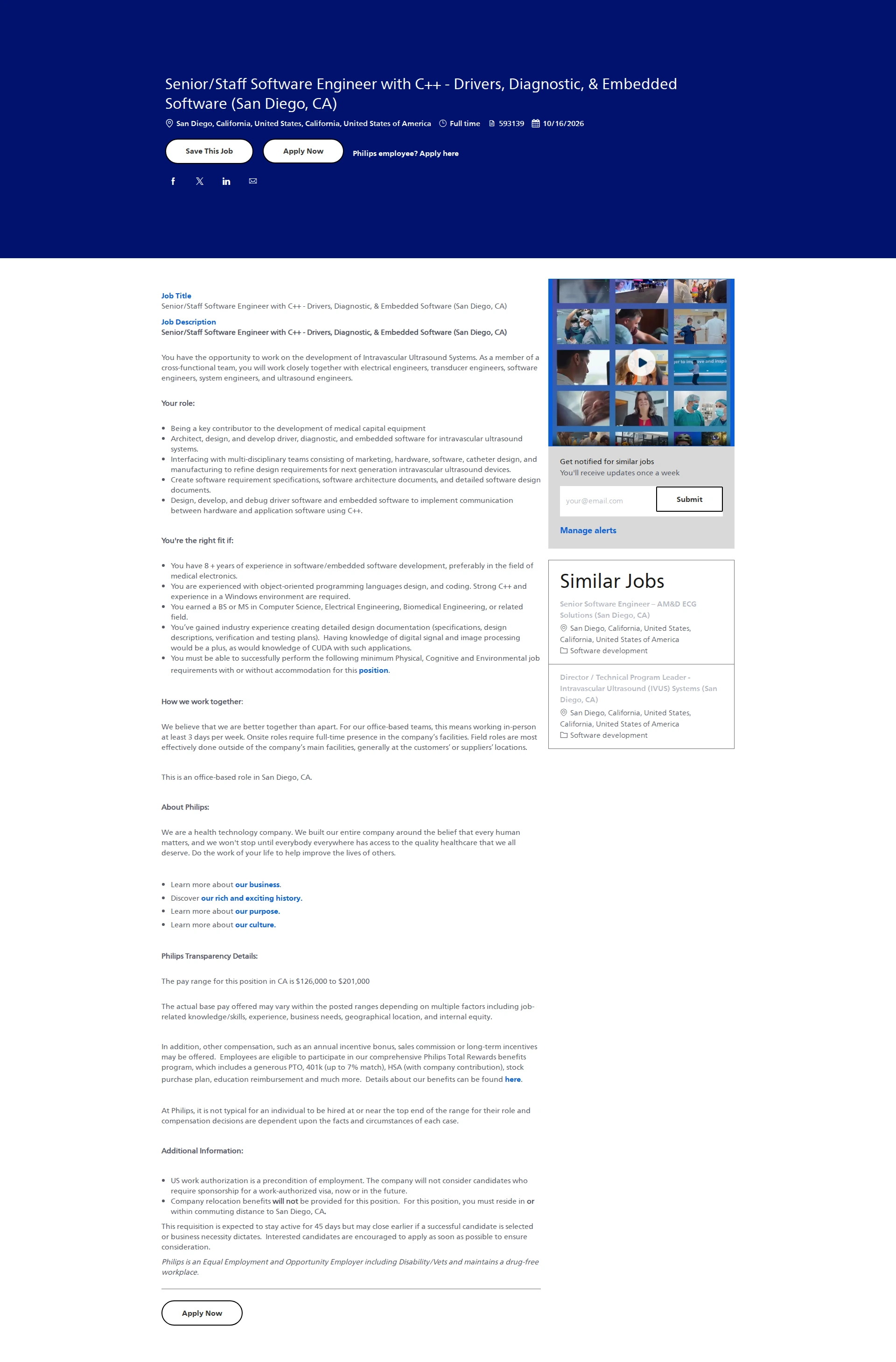필립스 Senior/Staff Software Engineer with C++ - Drivers, Diagnostic, & Embedded Software (San Diego, CA) 채용공고