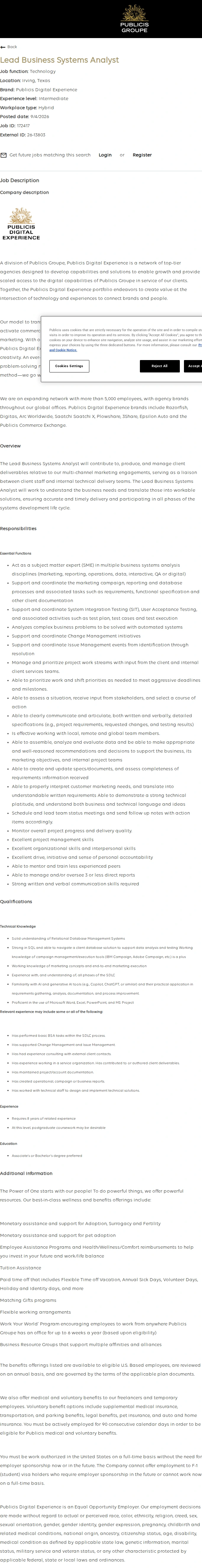 Publicis Groupe Lead Business Systems Analyst 채용공고
