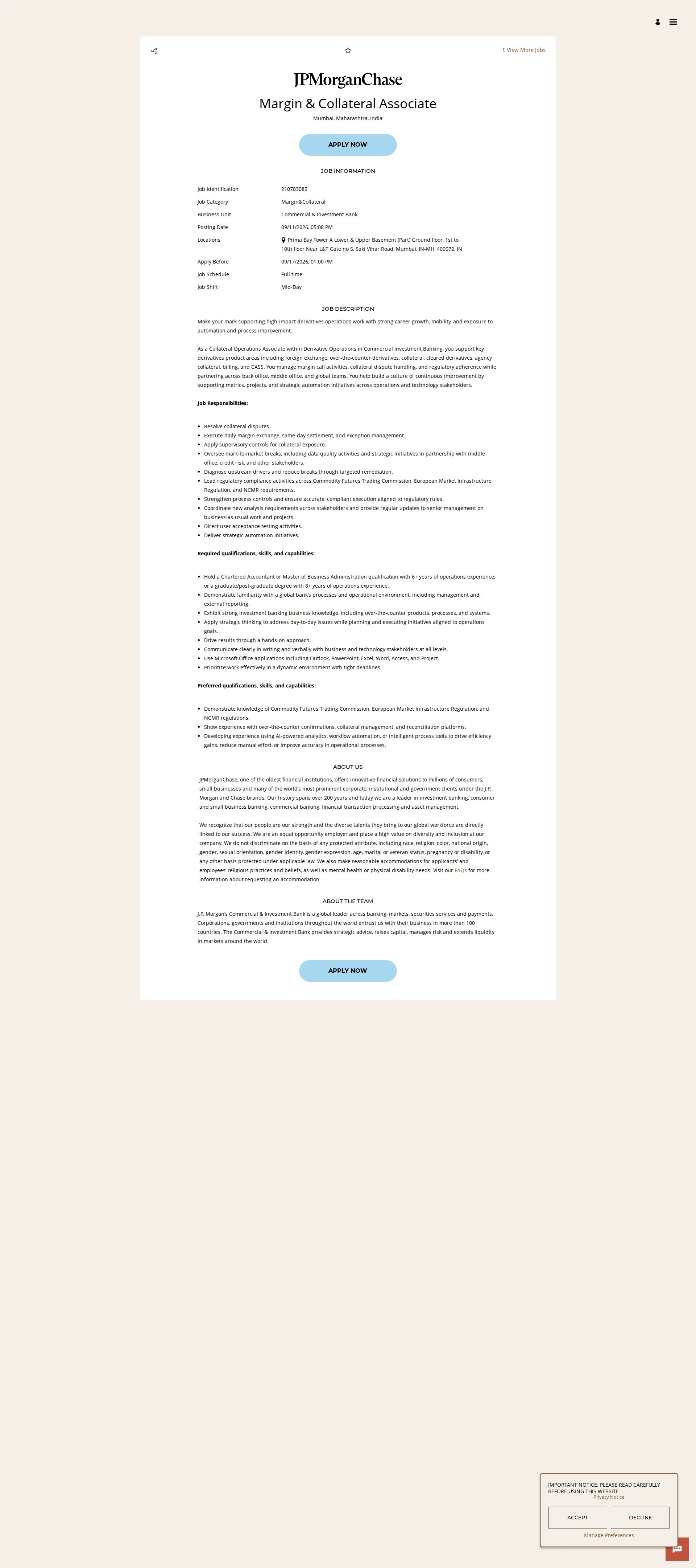 JPMorganChase Margin & Collateral Associate 채용공고