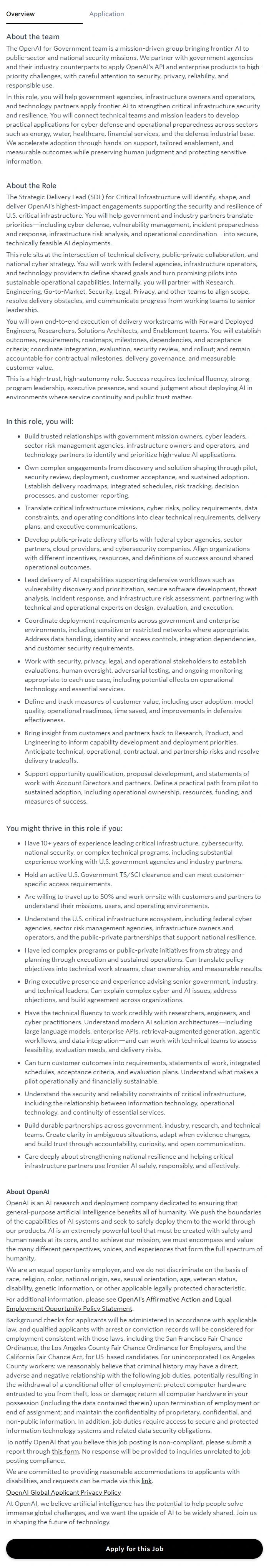 오픈에이아이(OpenAI) Strategic Delivery Lead, Critical Infrastructure 채용공고