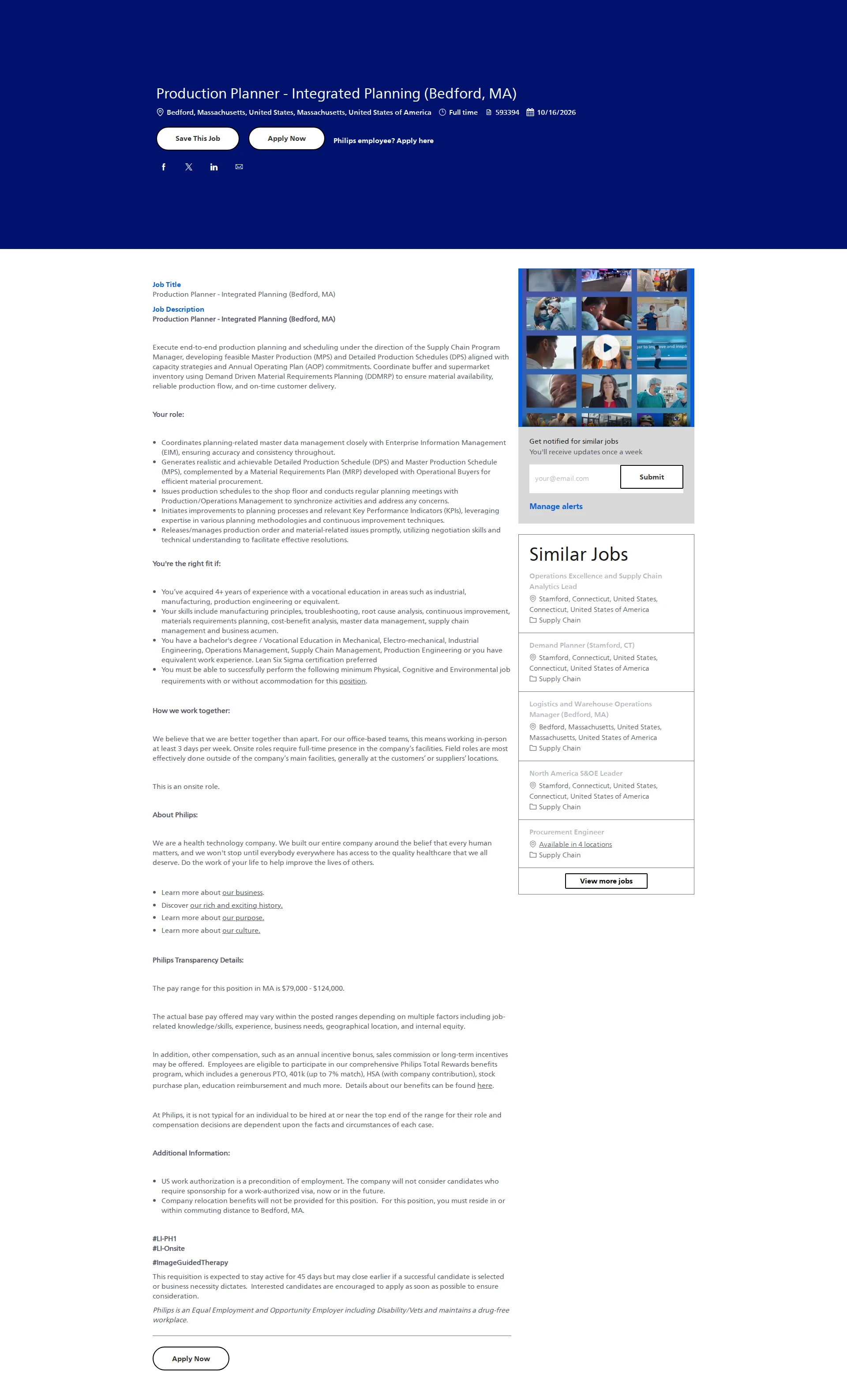 필립스 Production Planner - Integrated Planning (Bedford, MA) 채용공고