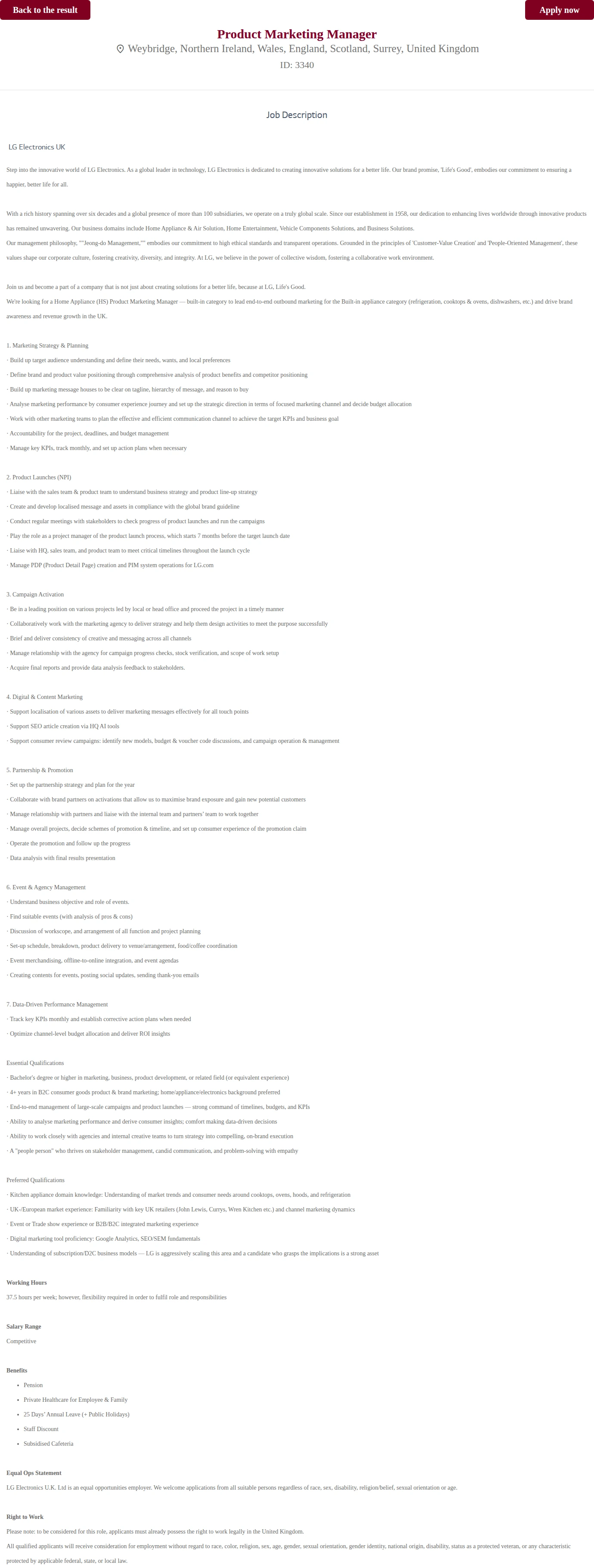 LG전자 Home Appliance Product Marketing Manager (Built-in) 채용공고