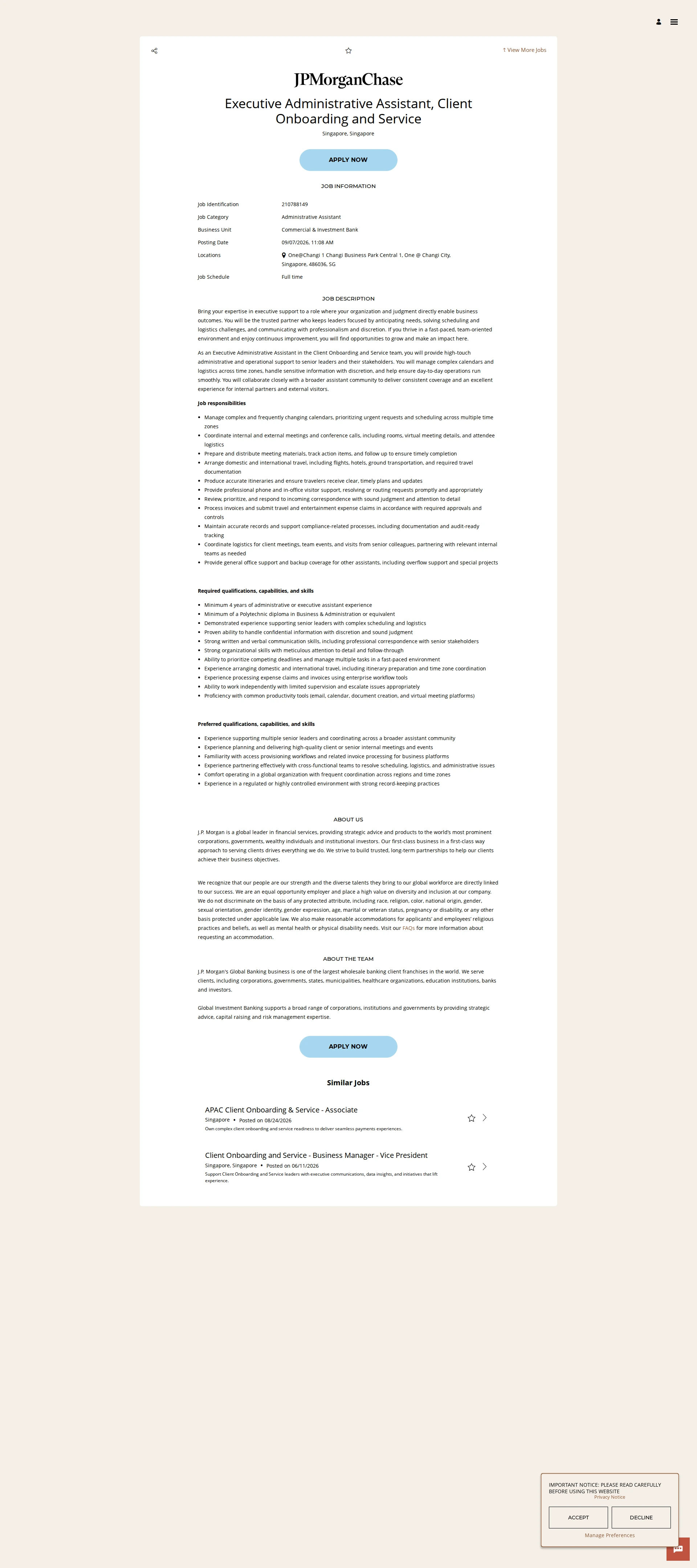 JPMorganChase Executive Administrative Assistant, Client Onboarding and Service 채용공고