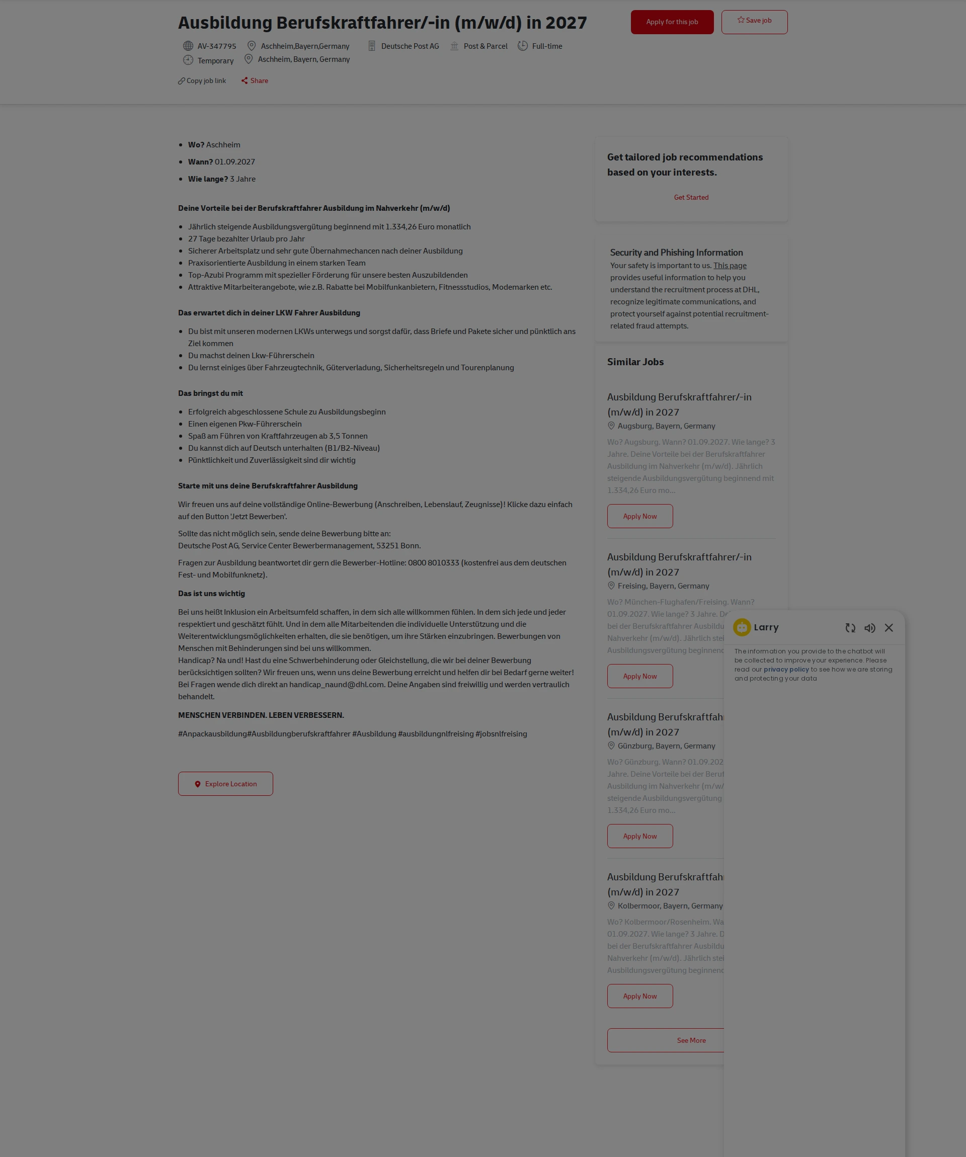 DHL Ausbildung Berufskraftfahrer/-in (m/w/d) in 2027 채용공고