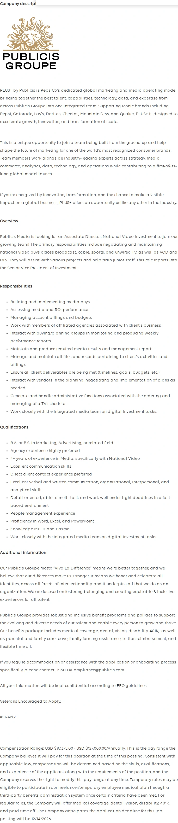 Publicis Groupe Associate Director, National Video Investment 채용공고