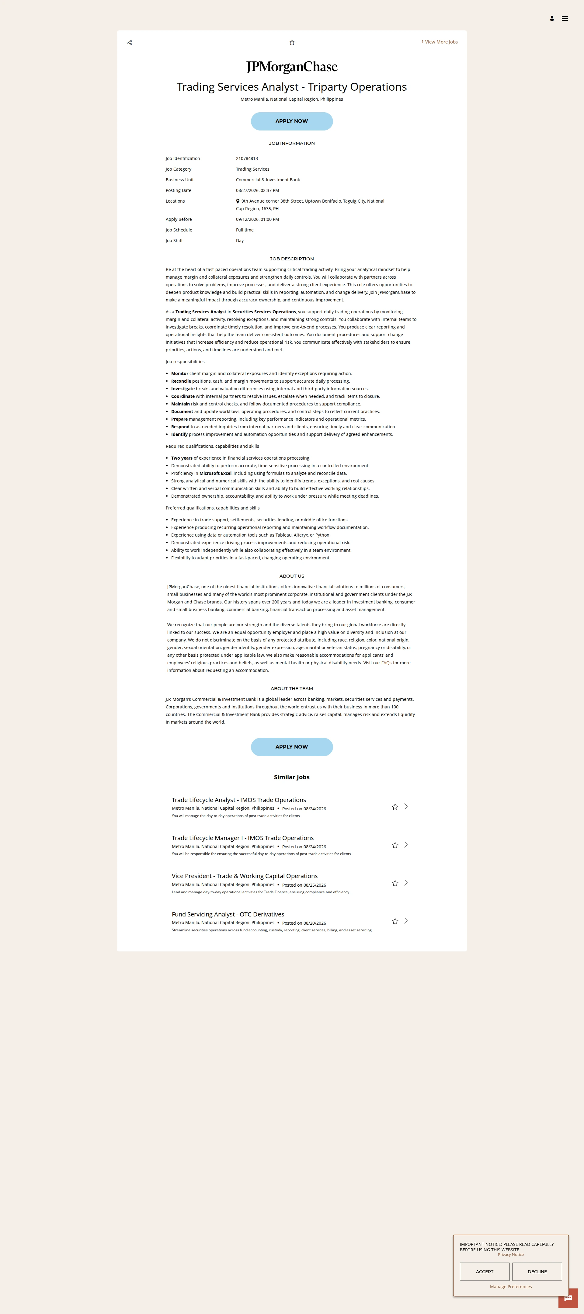 JPMorganChase Trading Services Analyst - Triparty Operations 채용공고