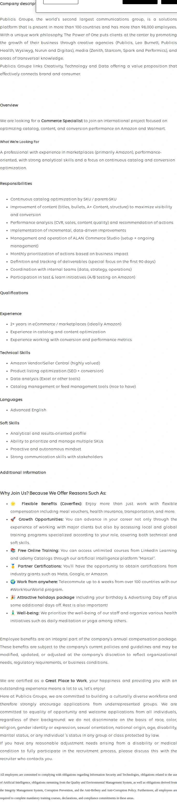 Publicis Groupe Commerce Specialist 채용공고