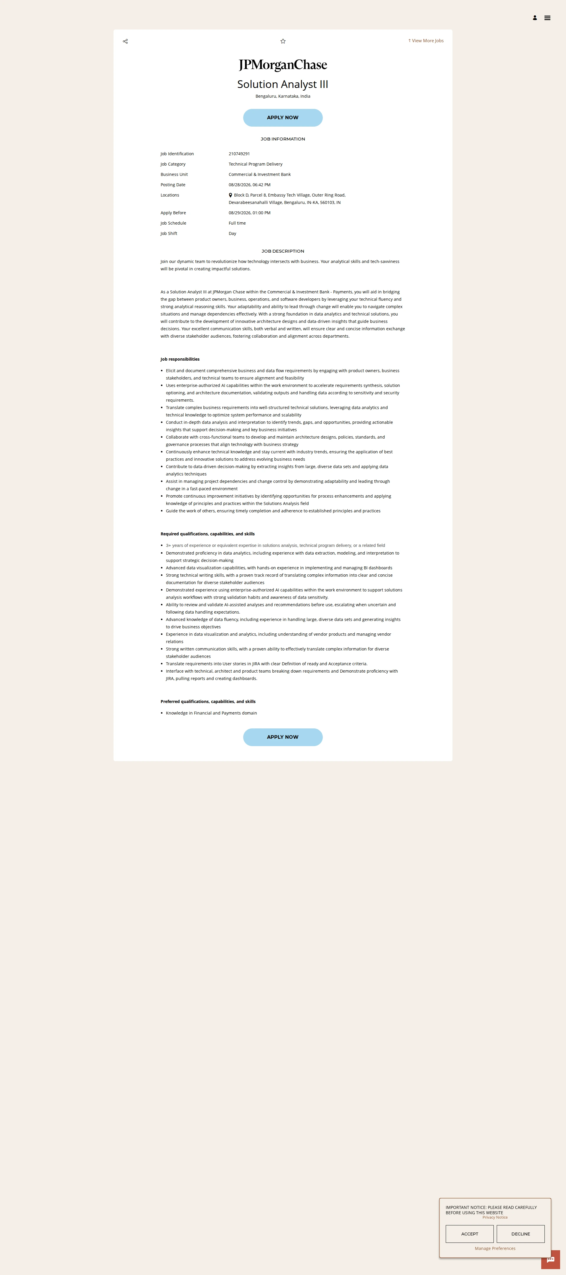 JPMorganChase Solution Analyst III 채용공고