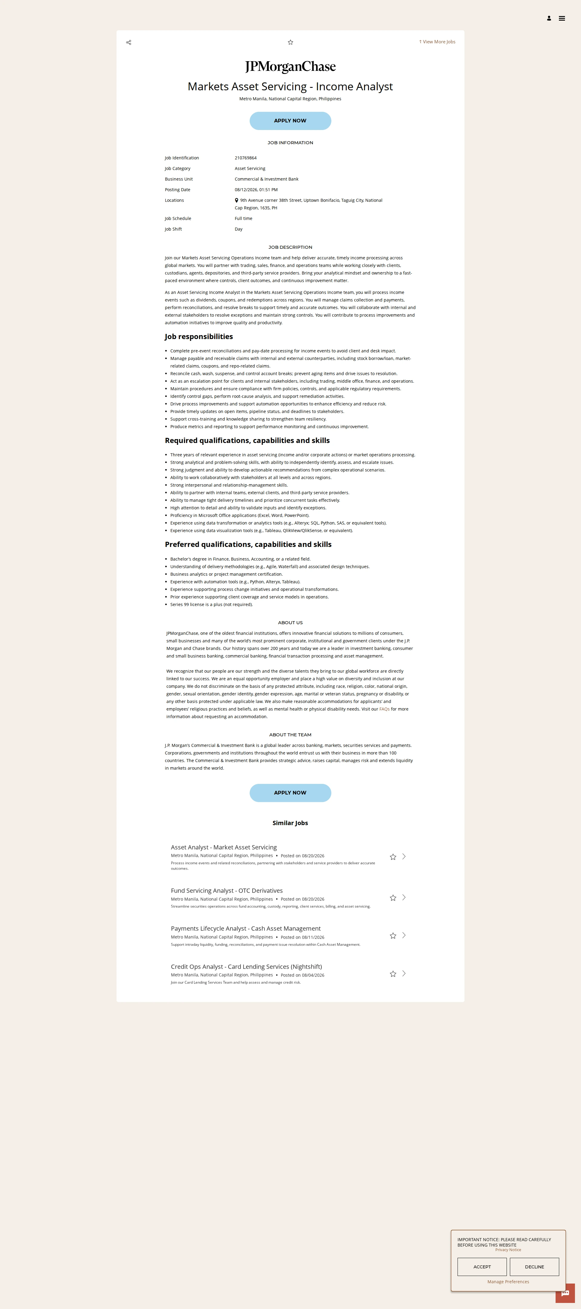 JPMorganChase Markets Asset Servicing - Income Analyst 채용공고