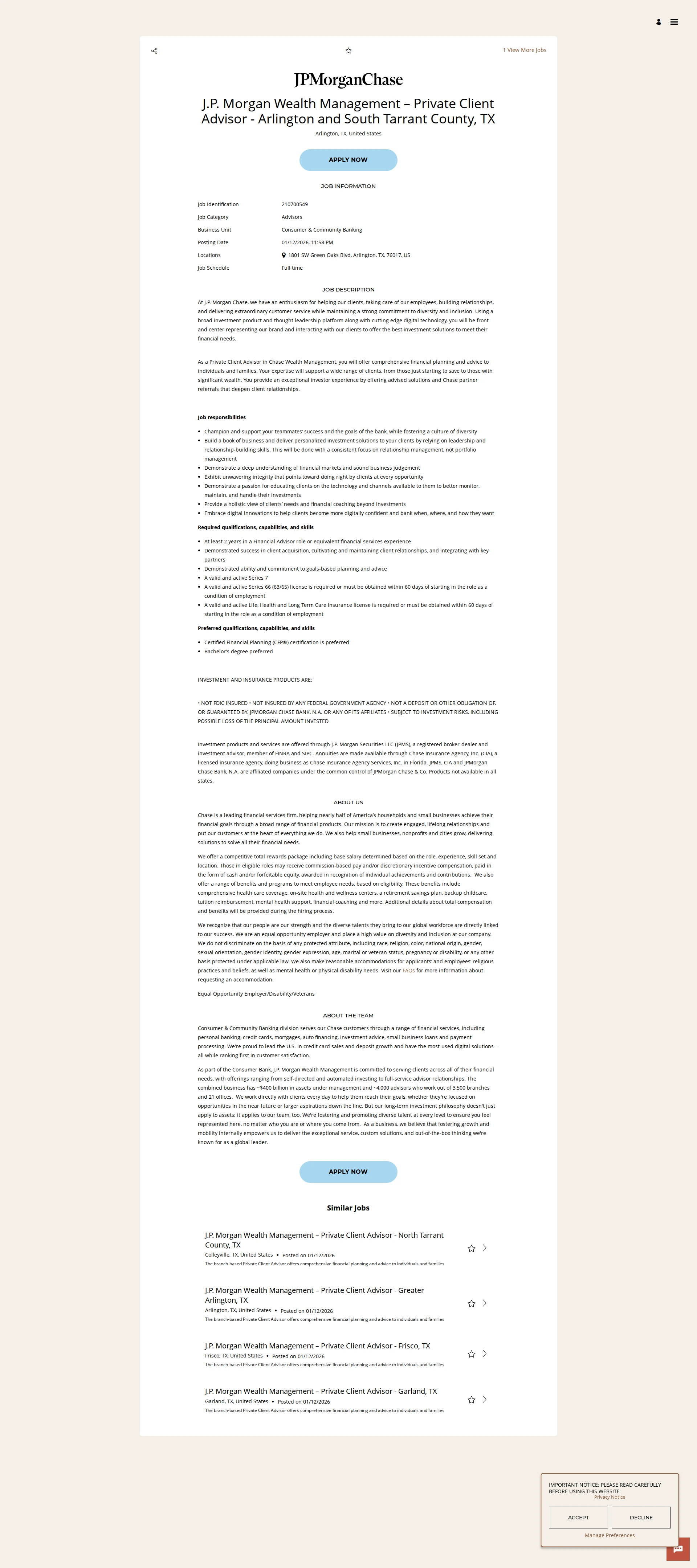 JPMorganChase J.P. Morgan Wealth Management – Private Client Advisor - Arlington and South Tarrant County, TX 채용공고