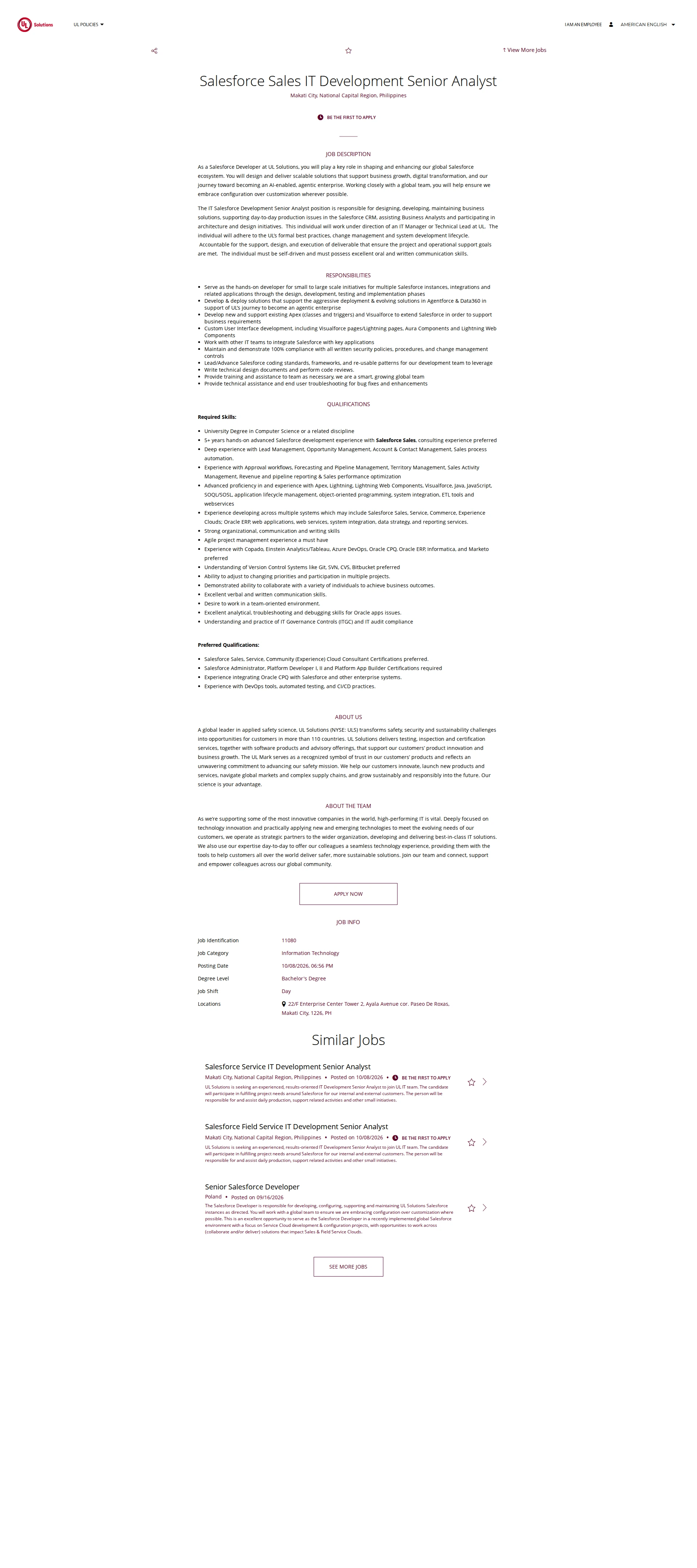 UL Solutions Salesforce Sales IT Development Senior Analyst 채용공고